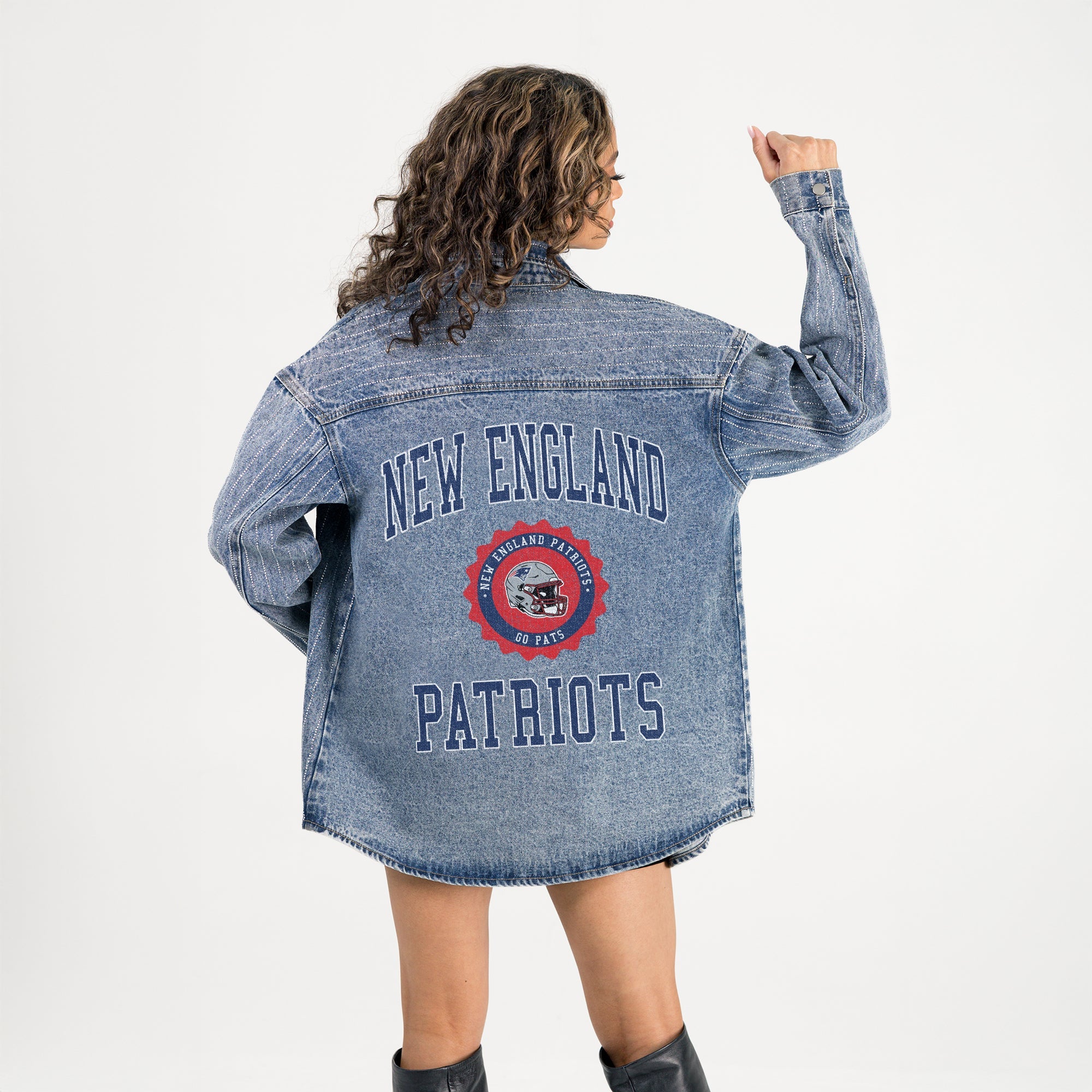 NEW ENGLAND PATRIOTS STYLES THE LIMIT MICRO-RHINESTONE DENIM OVERSHIRT