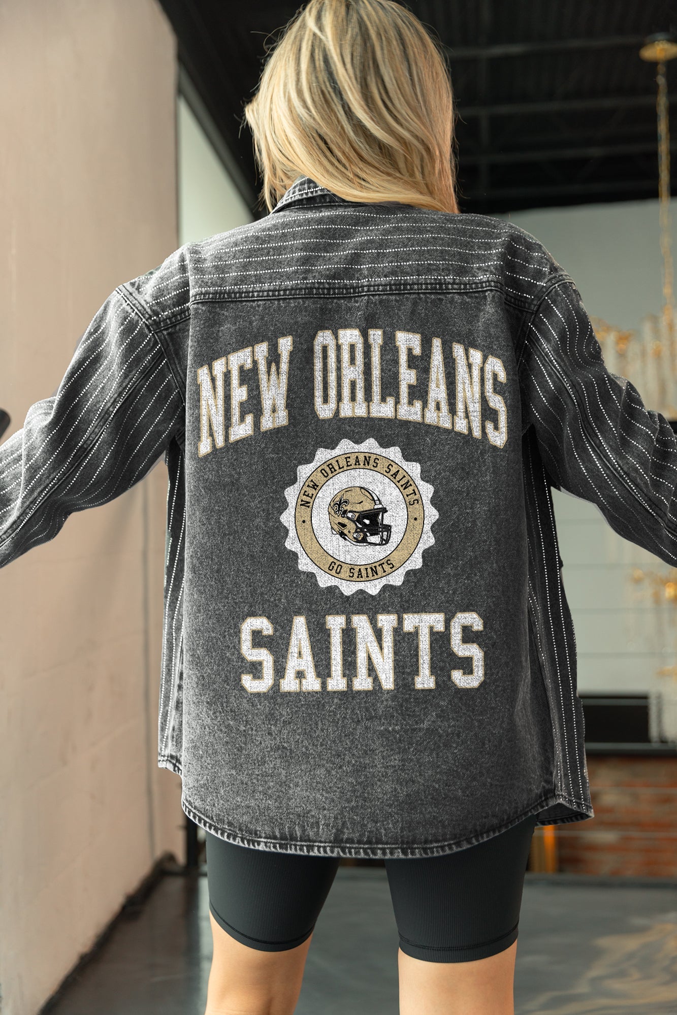 NEW ORLEANS SAINTS STYLES THE LIMIT MICRO-RHINESTONE DENIM OVERSHIRT IN BLACK