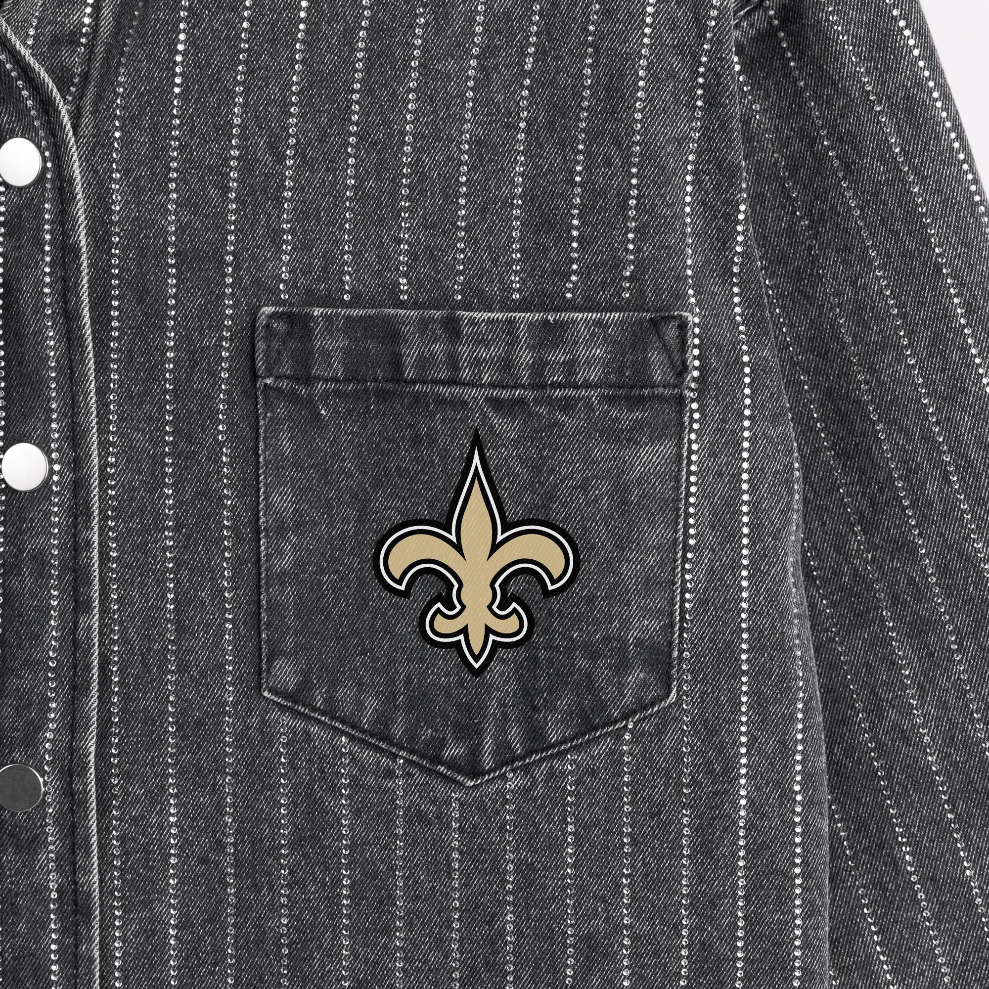 NEW ORLEANS SAINTS STYLES THE LIMIT MICRO-RHINESTONE DENIM OVERSHIRT IN BLACK