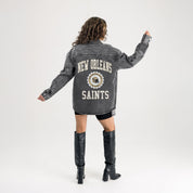 NEW ORLEANS SAINTS STYLES THE LIMIT MICRO-RHINESTONE DENIM OVERSHIRT IN BLACK