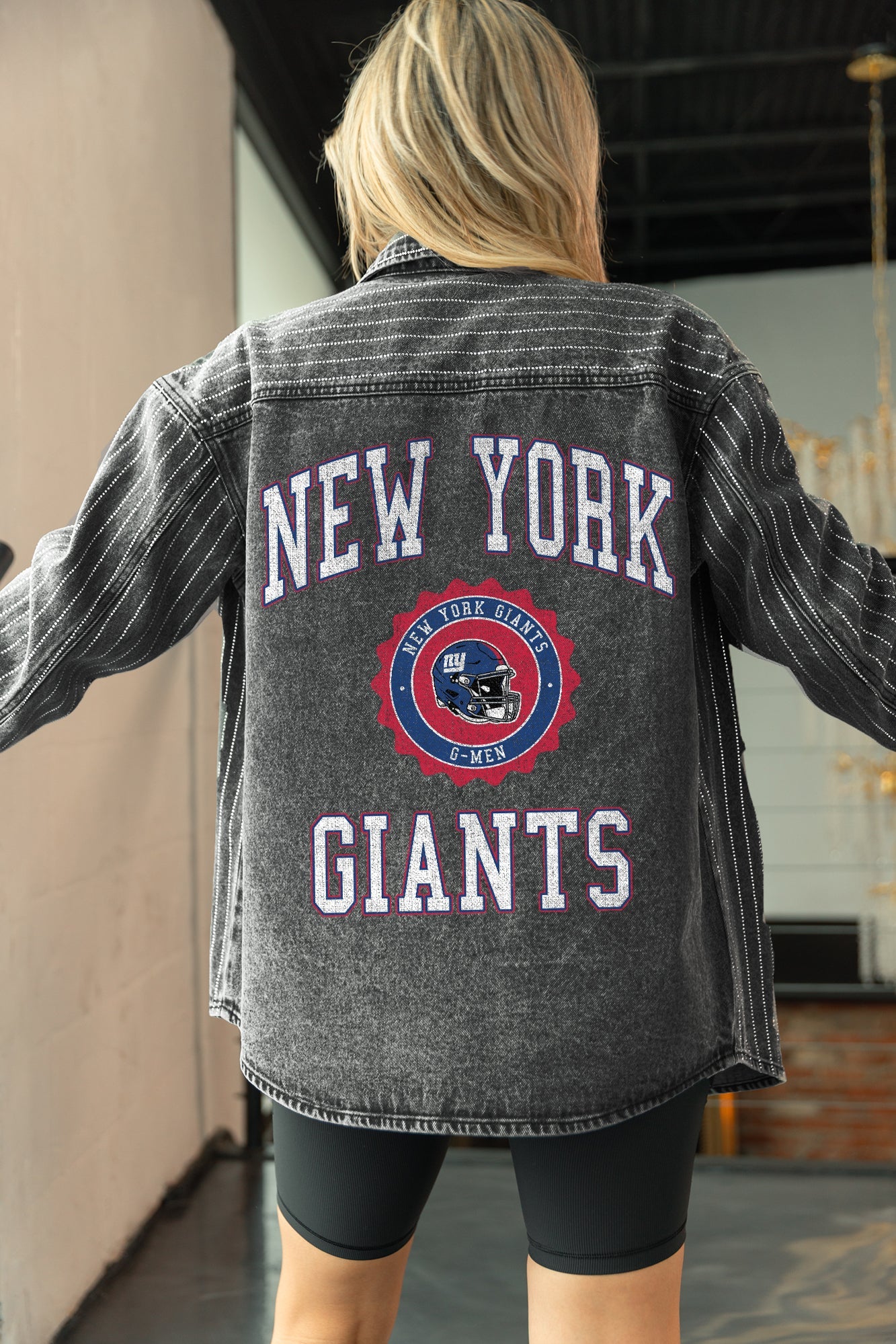NEW YORK GIANTS STYLES THE LIMIT MICRO-RHINESTONE DENIM OVERSHIRT IN BLACK