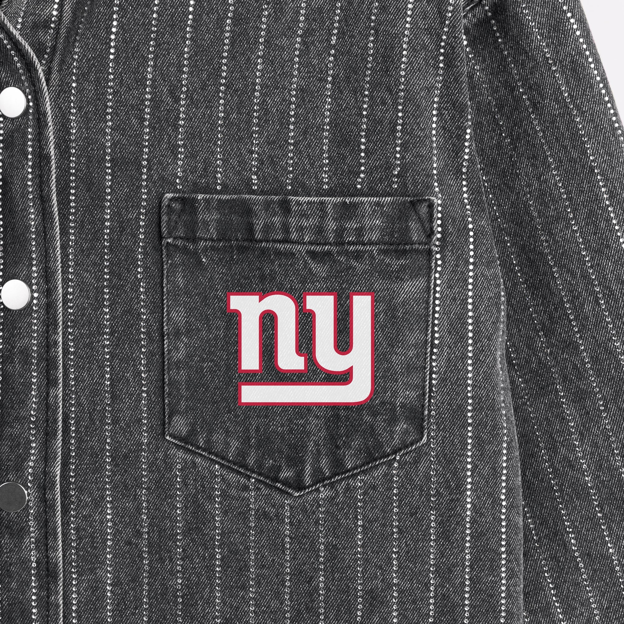 NEW YORK GIANTS STYLES THE LIMIT MICRO-RHINESTONE DENIM OVERSHIRT IN BLACK