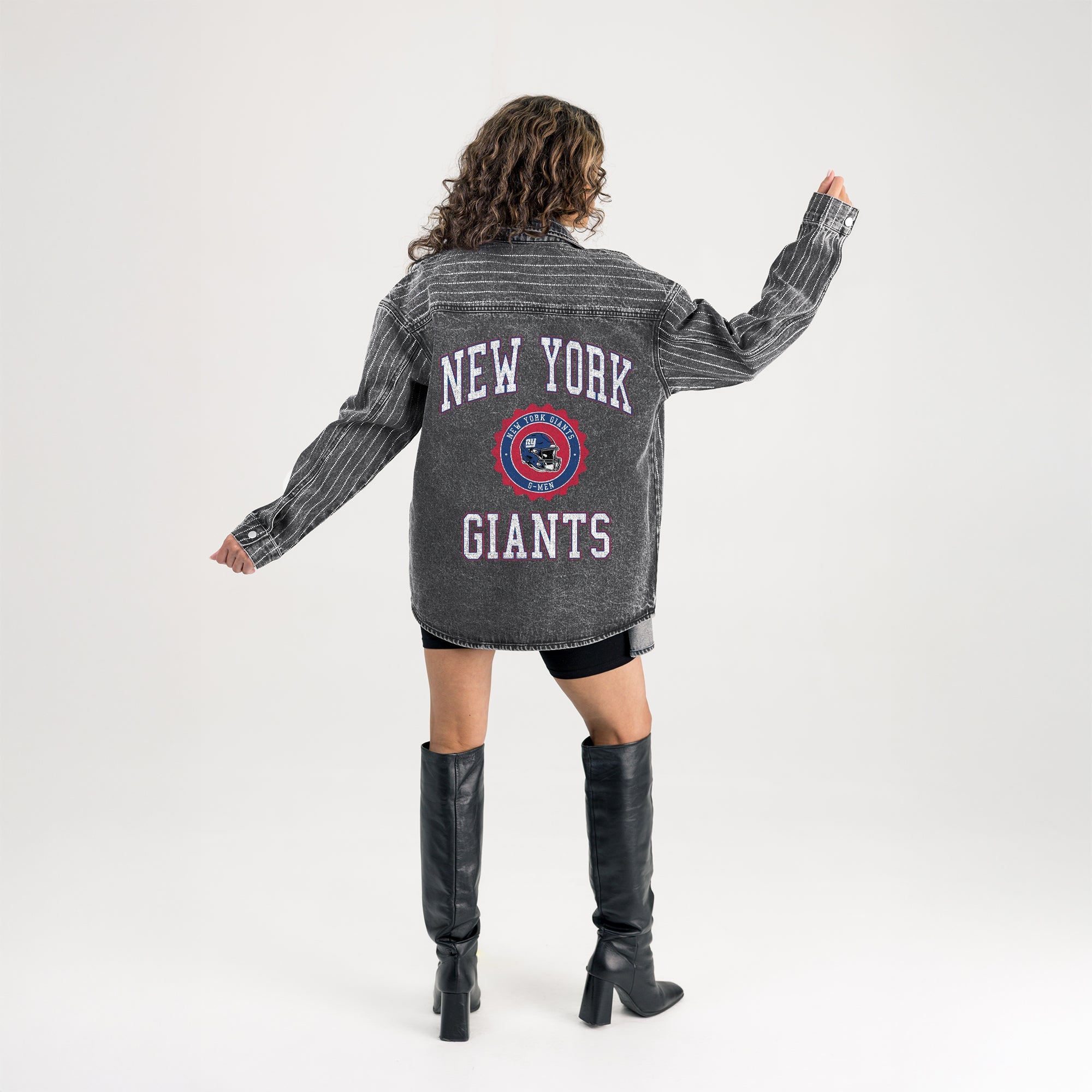 NEW YORK GIANTS STYLES THE LIMIT MICRO-RHINESTONE DENIM OVERSHIRT IN BLACK