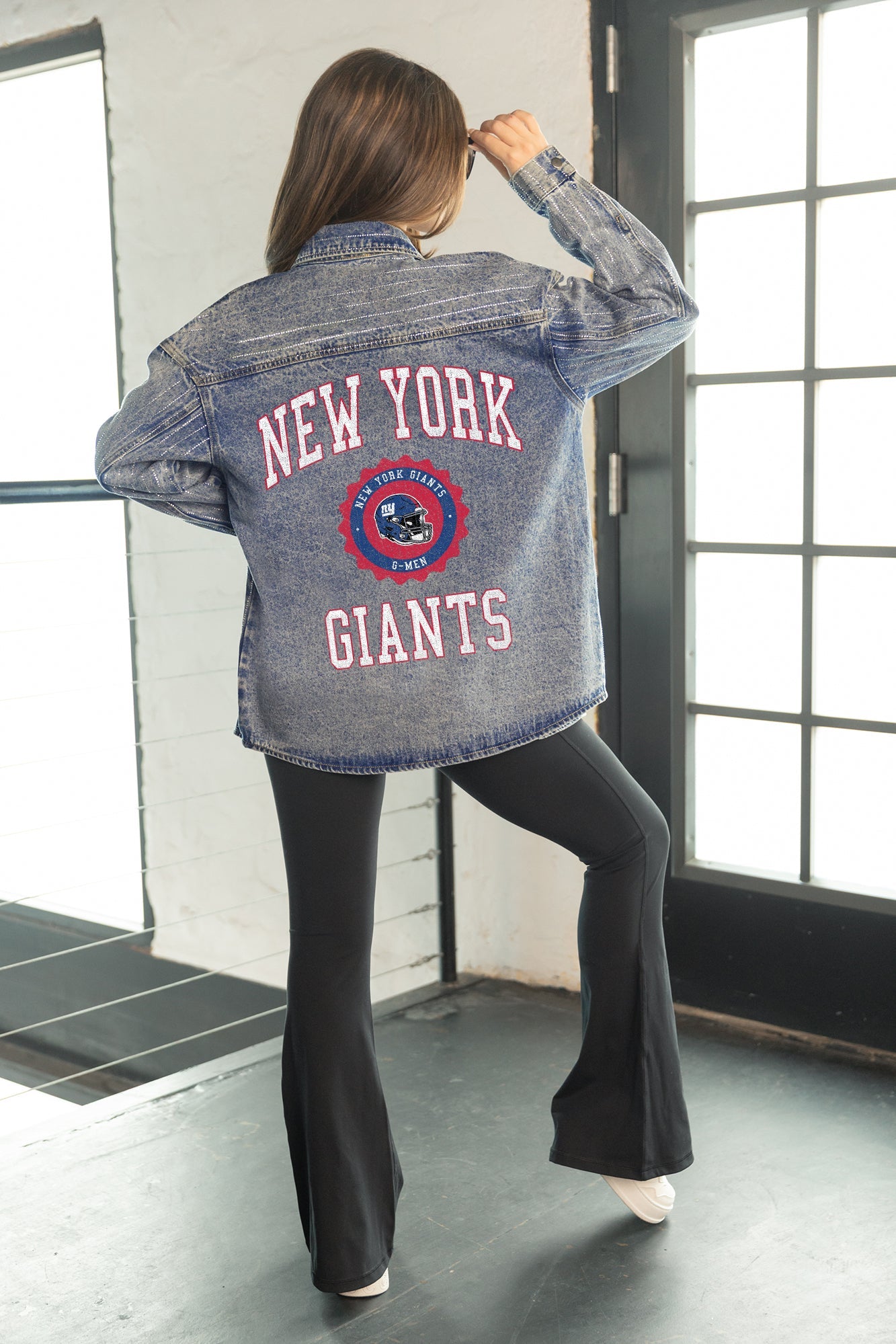 NEW YORK GIANTS STYLES THE LIMIT MICRO-RHINESTONE DENIM OVERSHIRT