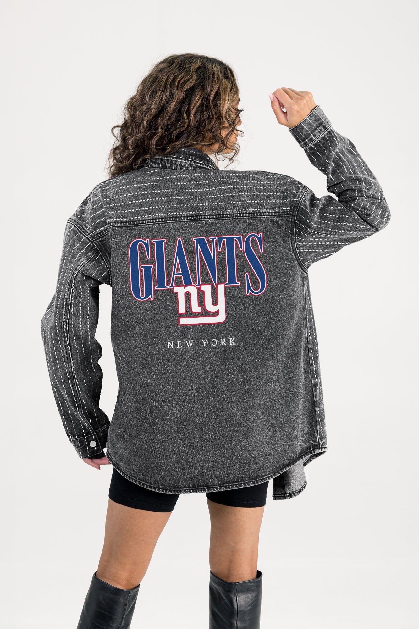 NEW YORK GIANTS END ZONE ENERGY MICRO-RHINESTONE OVERSHIRT BY RANDI MAHOMES