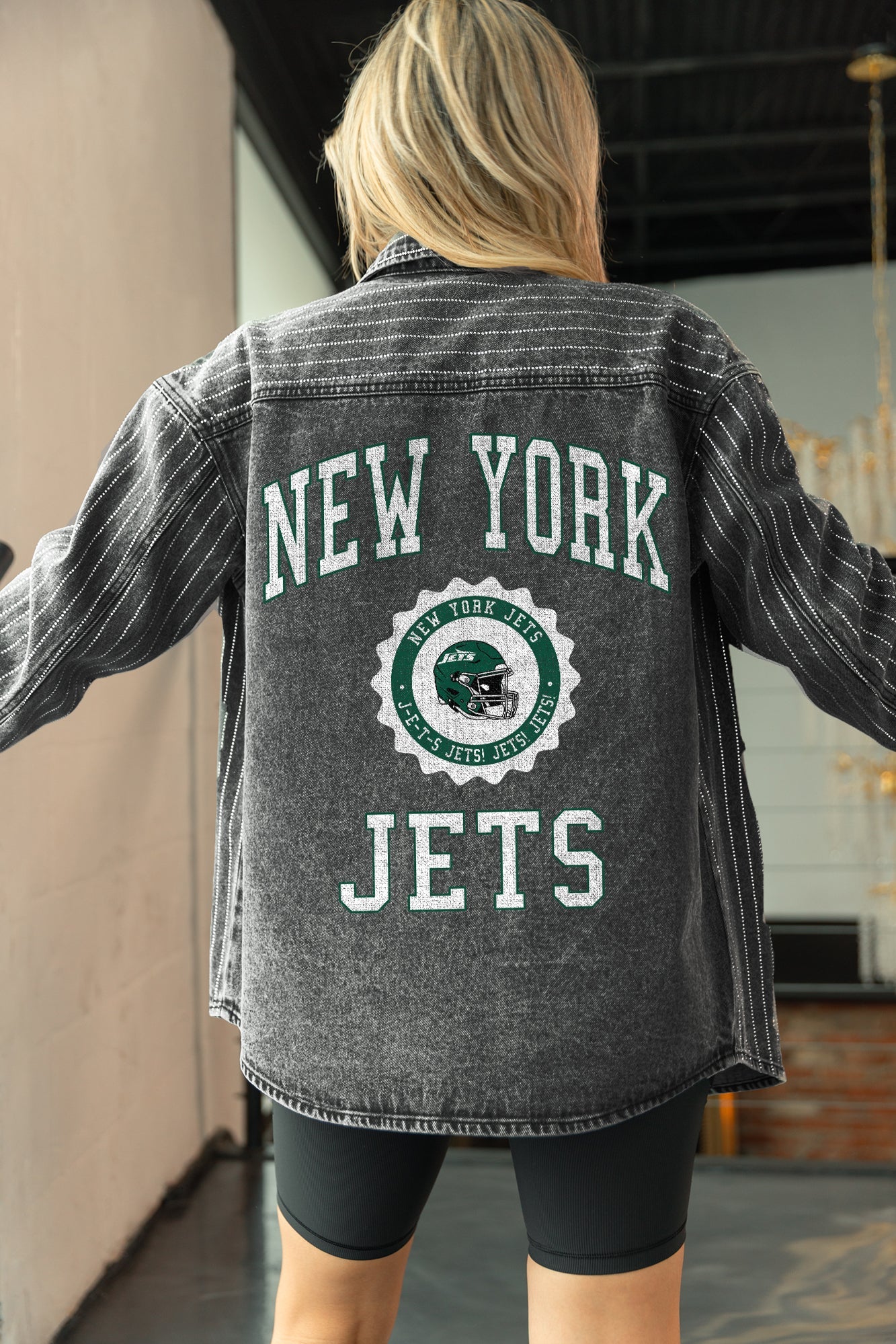 NEW YORK JETS STYLES THE LIMIT MICRO-RHINESTONE DENIM OVERSHIRT IN BLACK