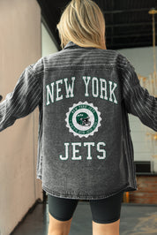 NEW YORK JETS STYLES THE LIMIT MICRO-RHINESTONE DENIM OVERSHIRT IN BLACK
