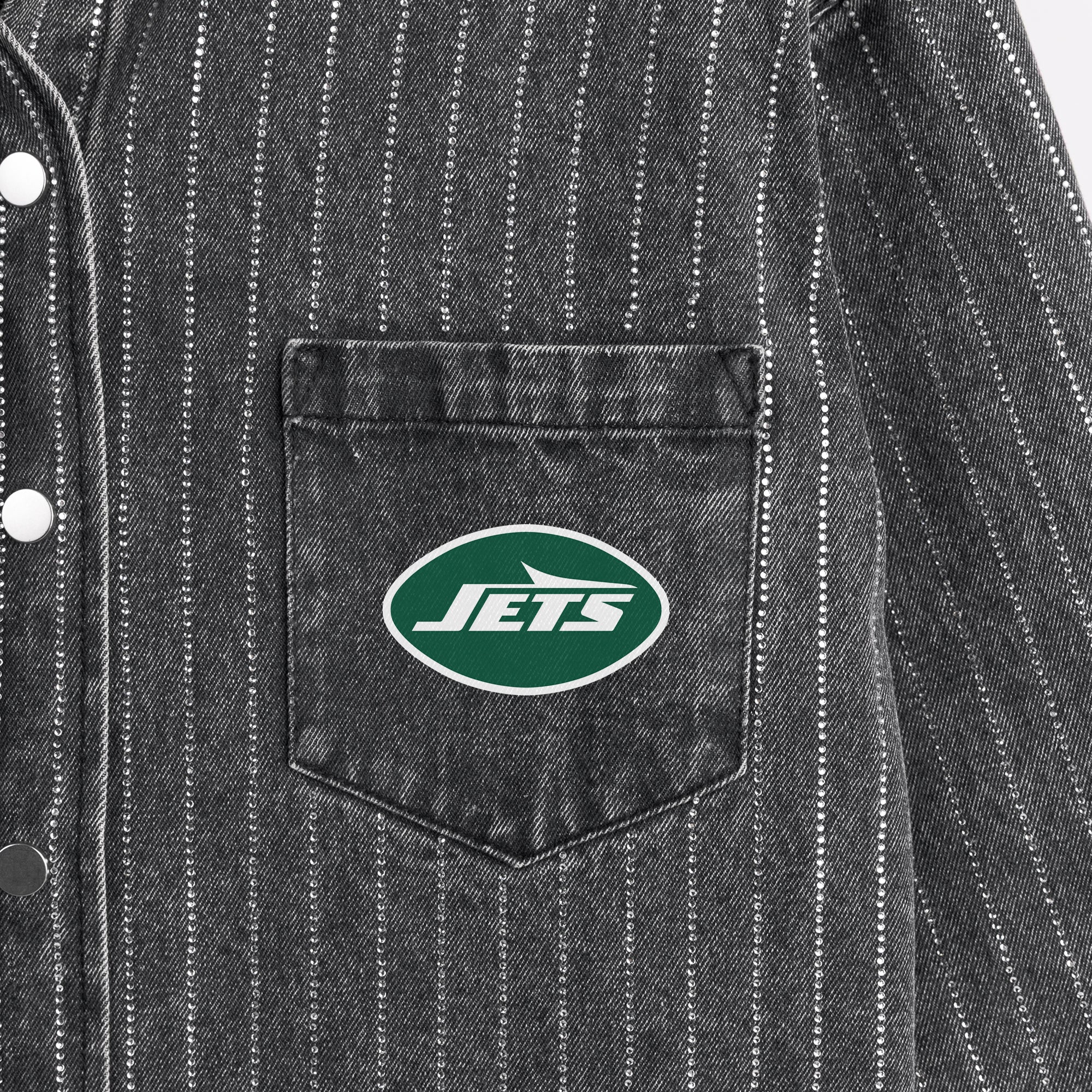 NEW YORK JETS STYLES THE LIMIT MICRO-RHINESTONE DENIM OVERSHIRT IN BLACK