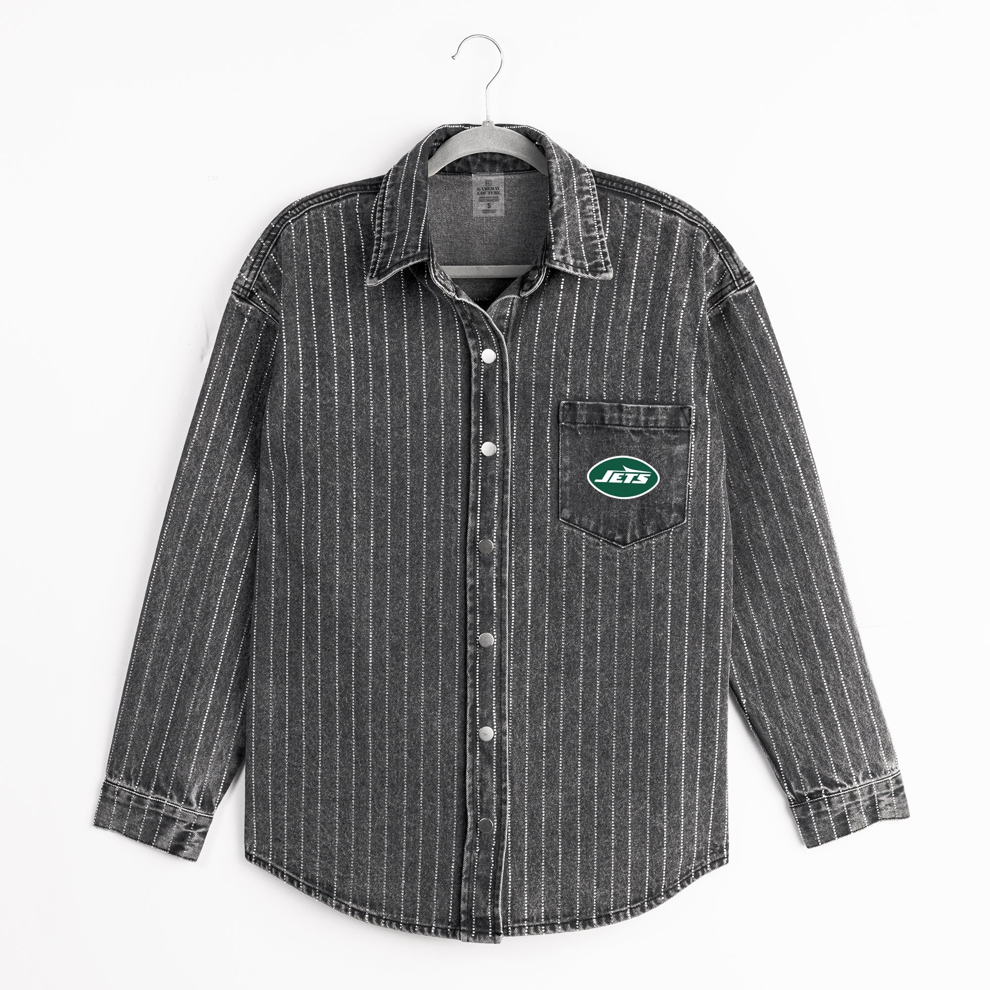 NEW YORK JETS STYLES THE LIMIT MICRO-RHINESTONE DENIM OVERSHIRT IN BLACK