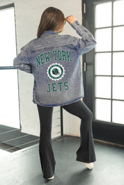 NEW YORK JETS STYLES THE LIMIT MICRO-RHINESTONE DENIM OVERSHIRT