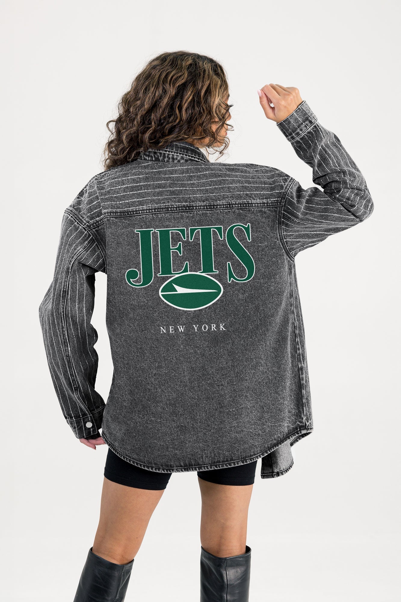 NEW YORK JETS END ZONE ENERGY MICRO-RHINESTONE OVERSHIRT BY RANDI MAHOMES