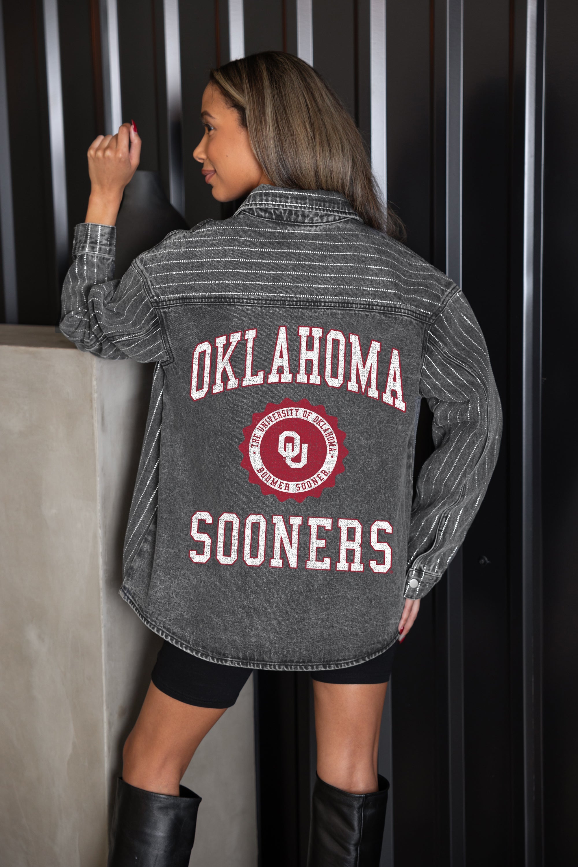 OKLAHOMA SOONERS STYLES THE LIMIT MICRO-RHINESTONE DENIM OVERSHIRT IN BLACK