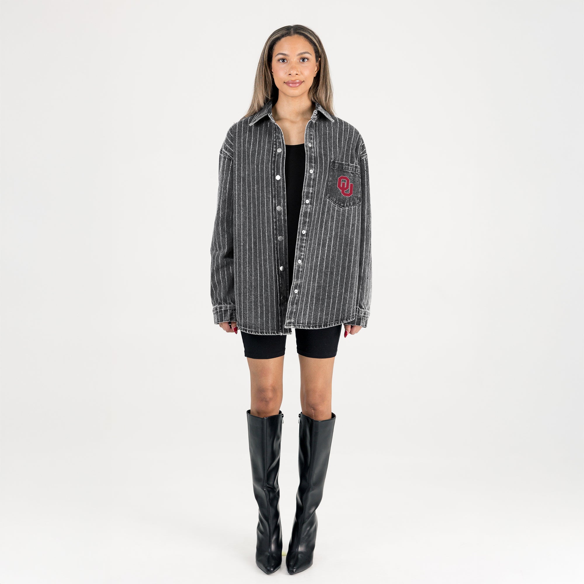 OKLAHOMA SOONERS STYLES THE LIMIT MICRO-RHINESTONE DENIM OVERSHIRT IN BLACK