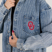 OKLAHOMA SOONERS STYLES THE LIMIT MICRO-RHINESTONE DENIM OVERSHIRT