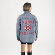 OKLAHOMA SOONERS STYLES THE LIMIT MICRO-RHINESTONE DENIM OVERSHIRT