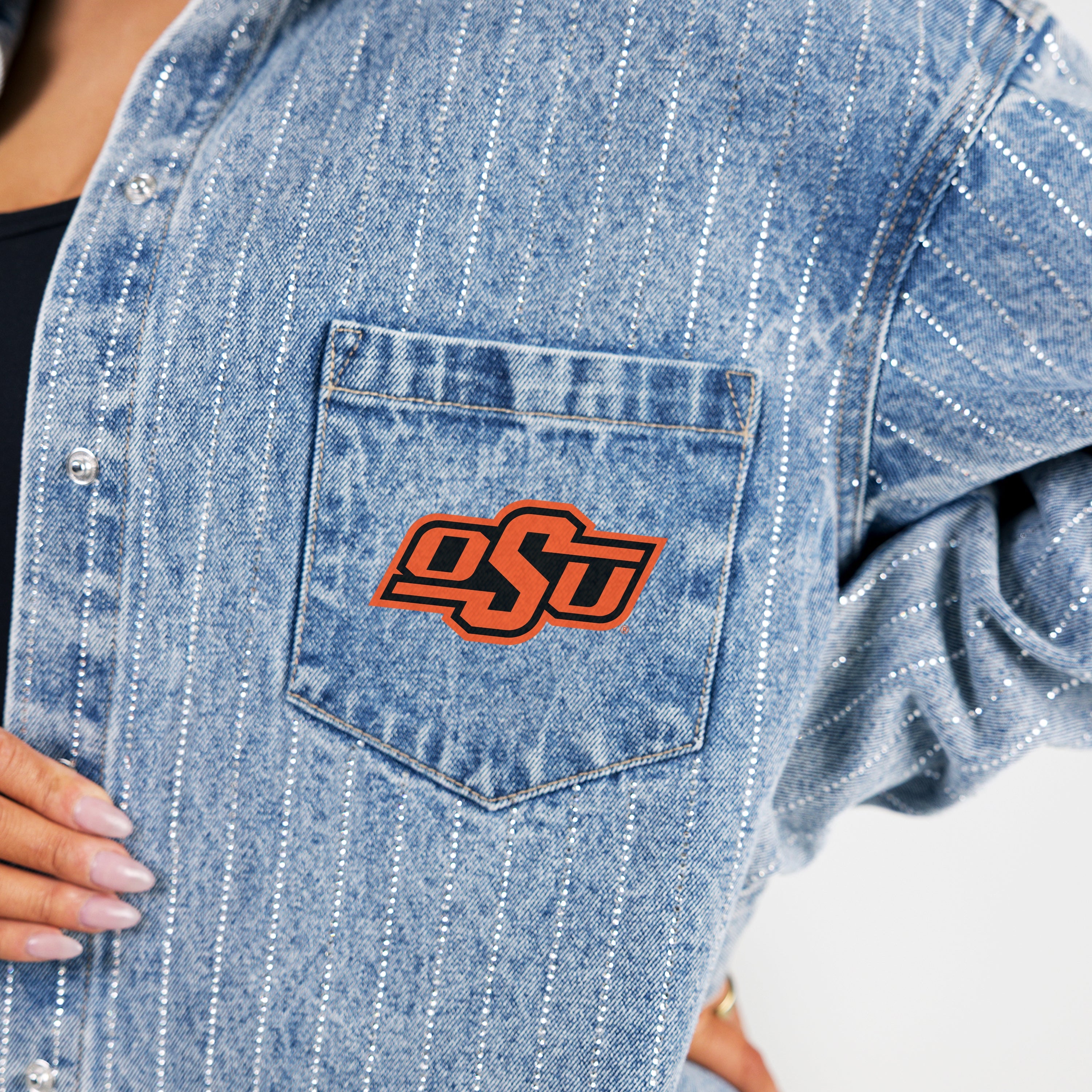 OKLAHOMA STATE COWBOYS STYLES THE LIMIT MICRO-RHINESTONE DENIM OVERSHIRT