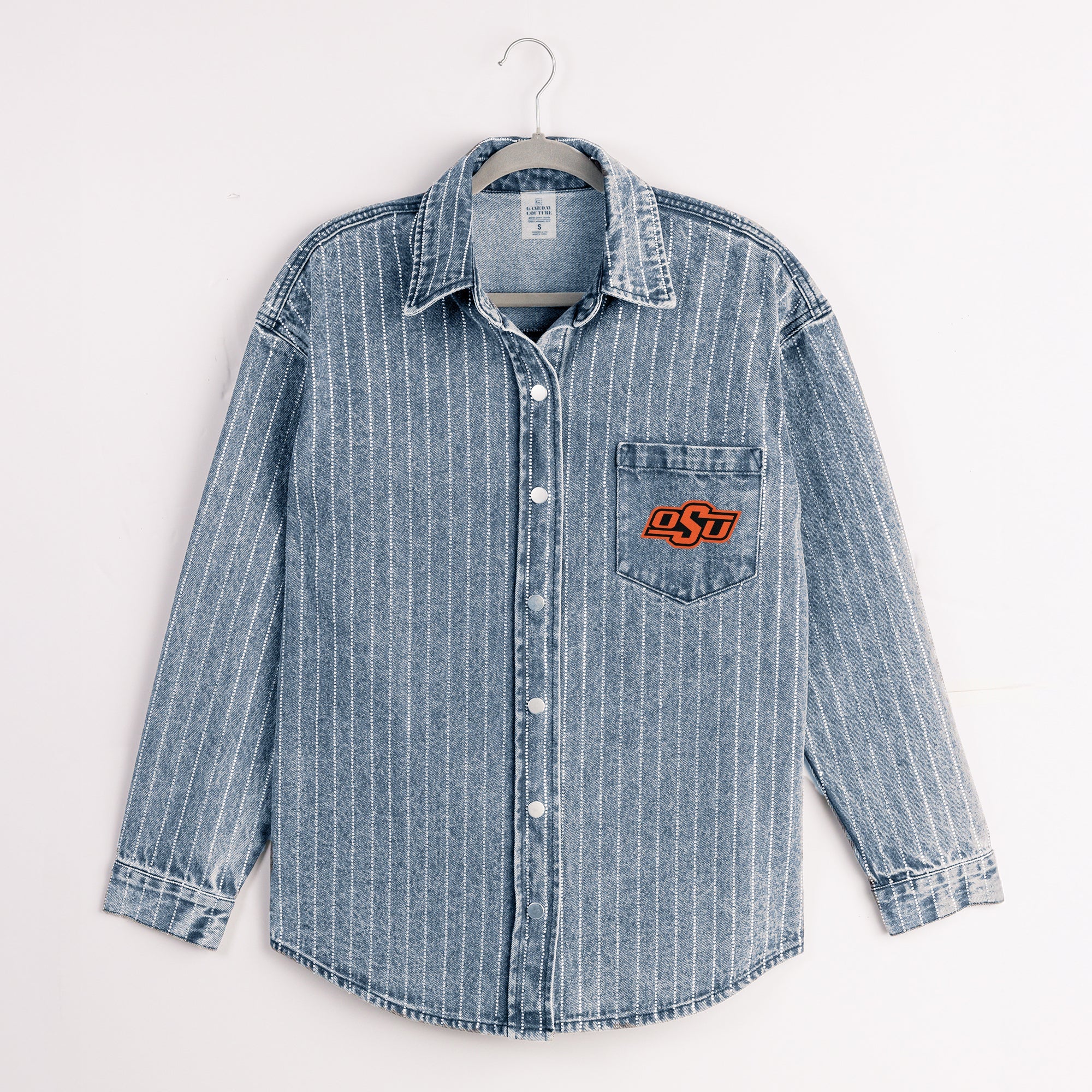 OKLAHOMA STATE COWBOYS STYLES THE LIMIT MICRO-RHINESTONE DENIM OVERSHIRT