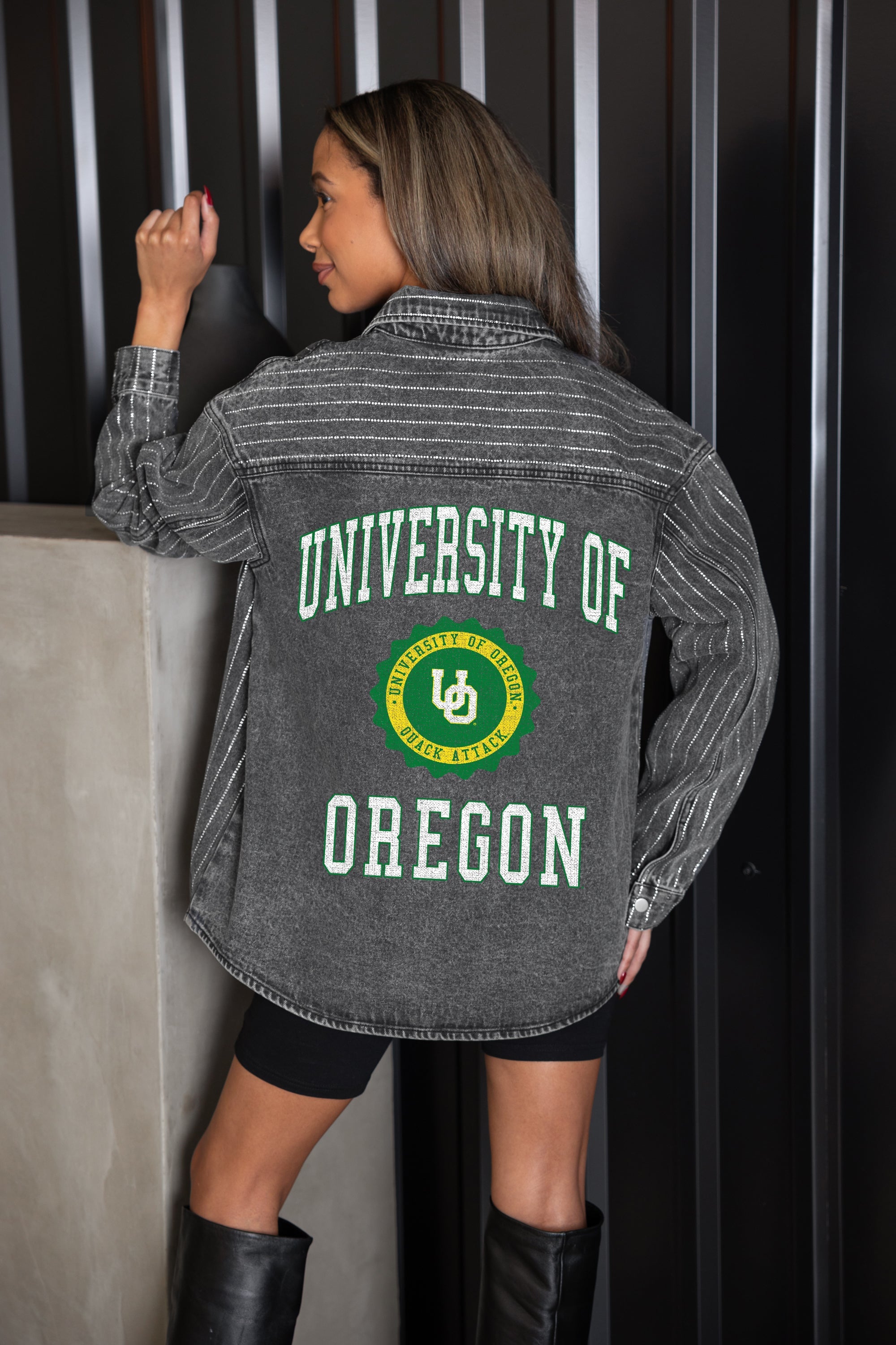 OREGON DUCKS STYLES THE LIMIT MICRO-RHINESTONE DENIM OVERSHIRT IN BLACK