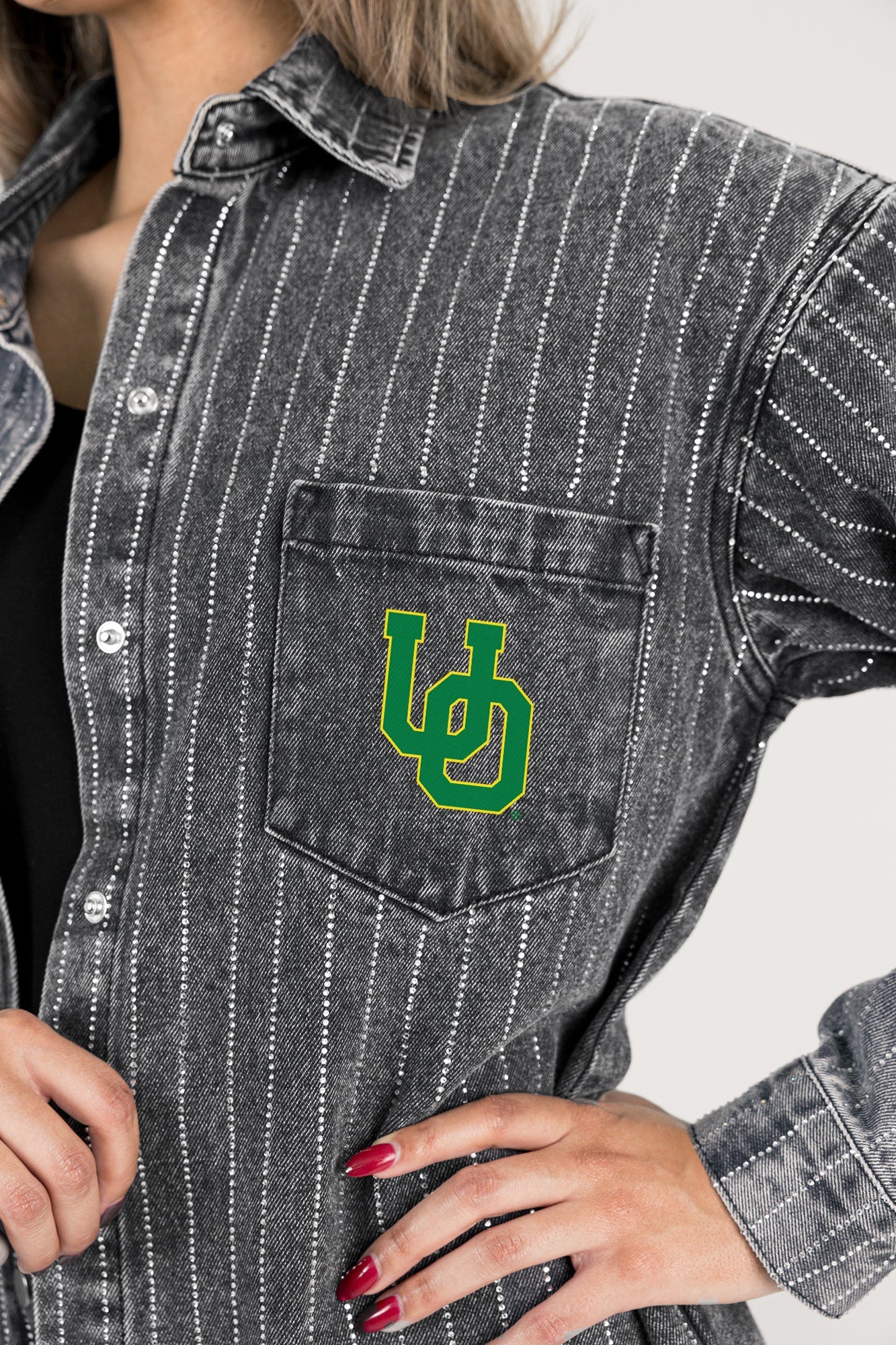 OREGON DUCKS STYLES THE LIMIT MICRO-RHINESTONE DENIM OVERSHIRT IN BLACK