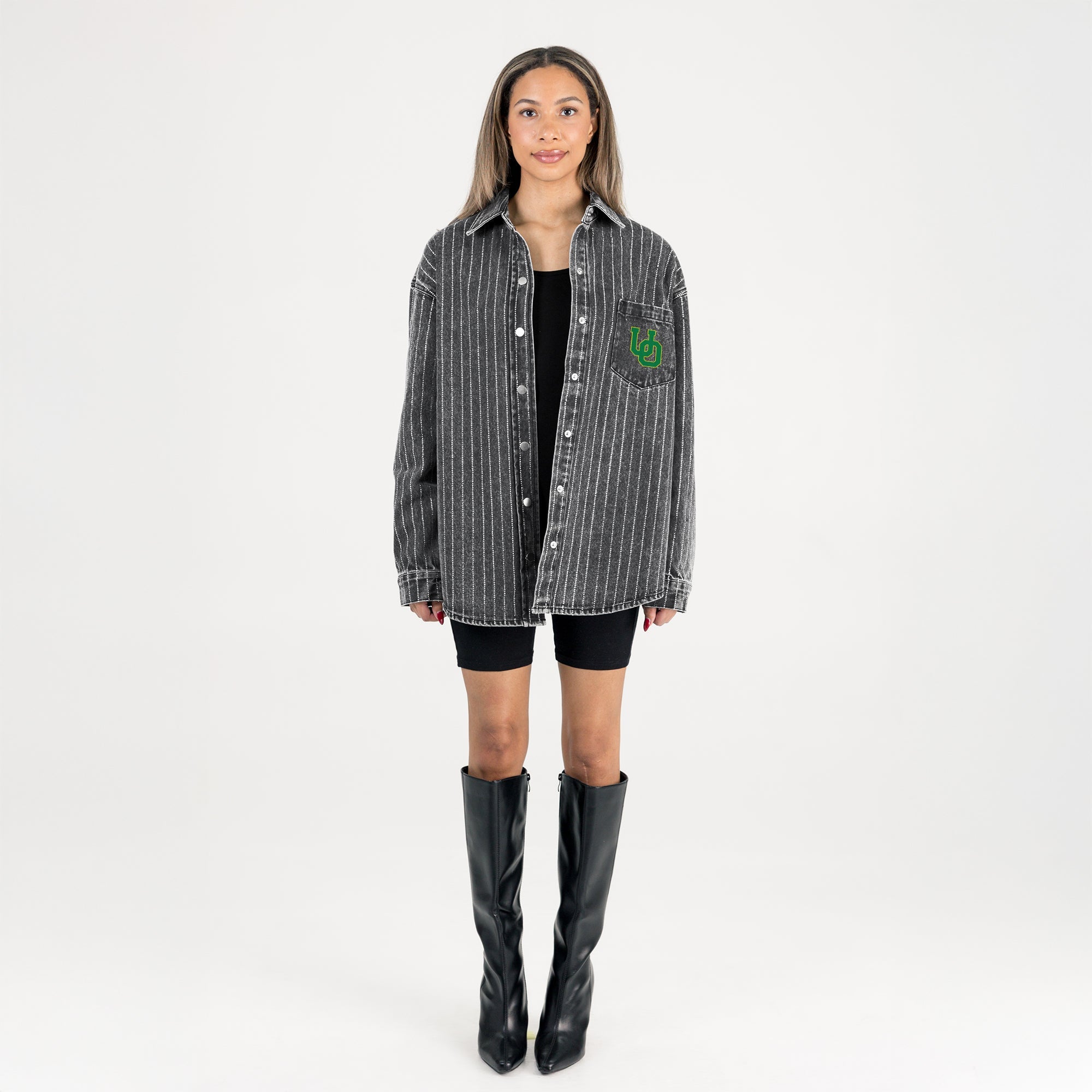 OREGON DUCKS STYLES THE LIMIT MICRO-RHINESTONE DENIM OVERSHIRT IN BLACK
