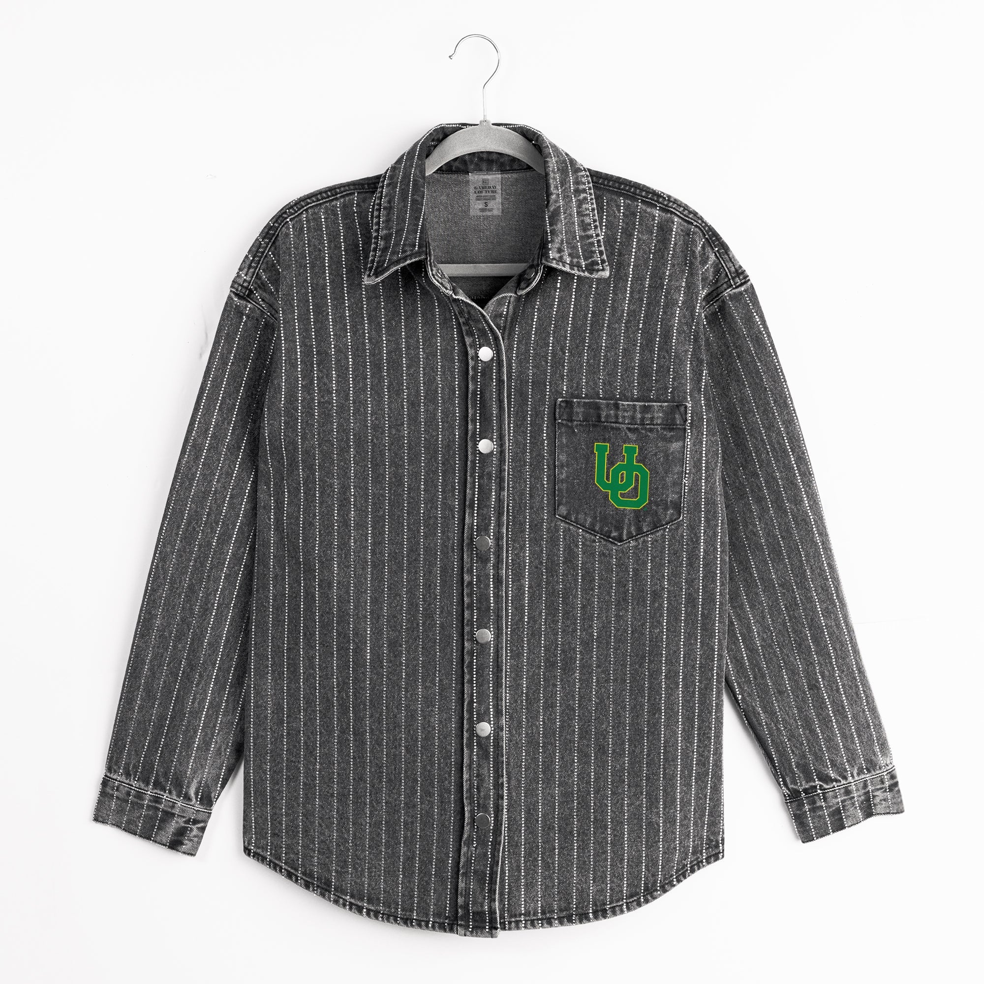 OREGON DUCKS STYLES THE LIMIT MICRO-RHINESTONE DENIM OVERSHIRT IN BLACK