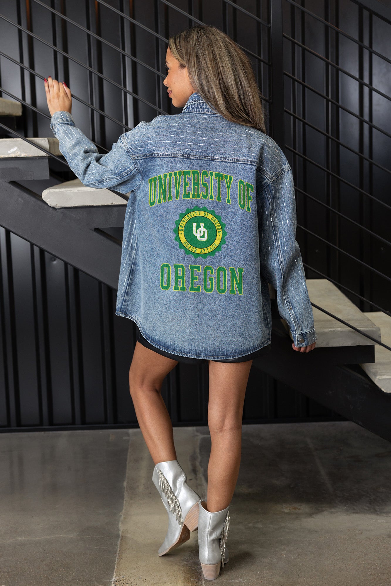 OREGON DUCKS STYLE'S THE LIMIT MICRO-RHINESTONE DENIM OVERSHIRT