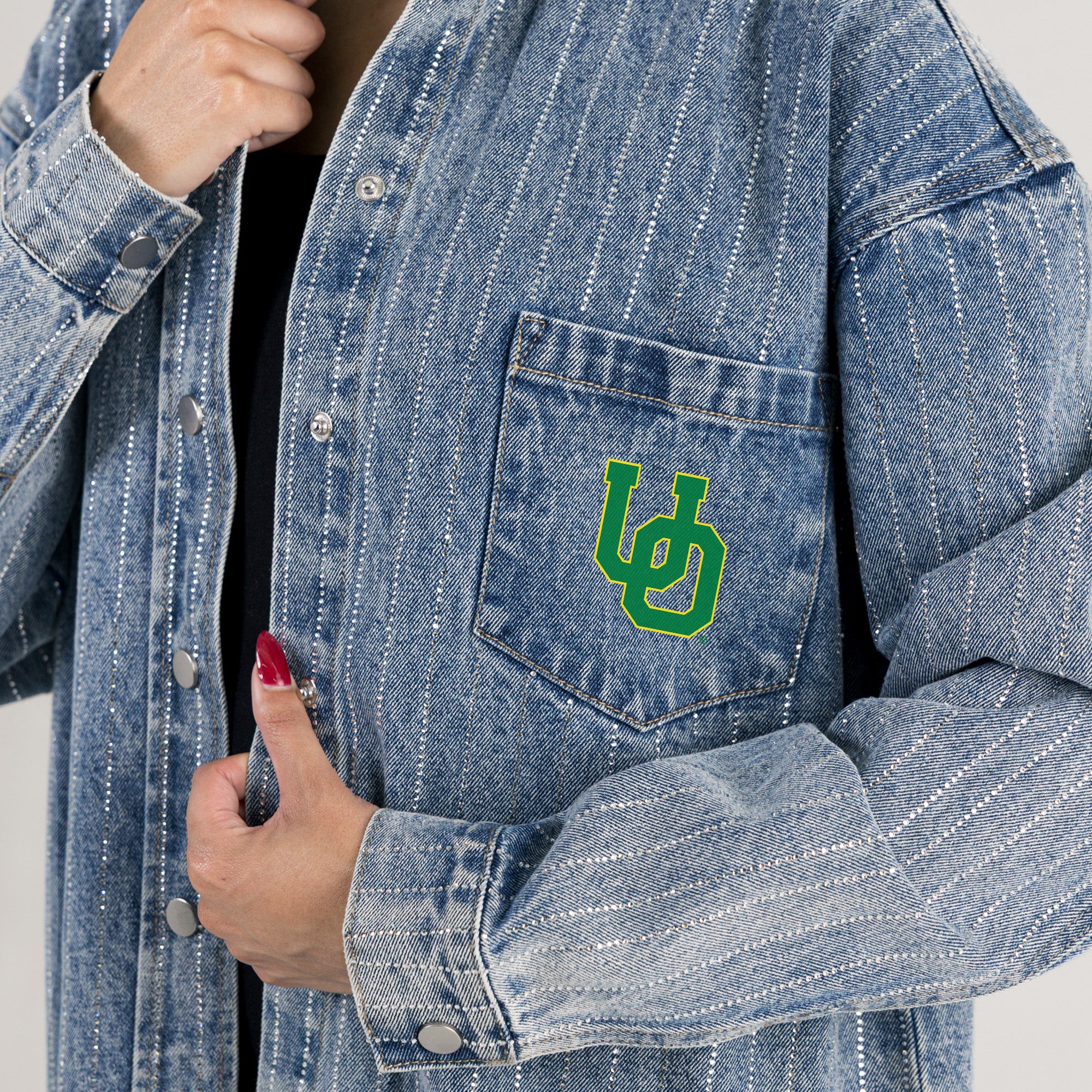 OREGON DUCKS STYLE'S THE LIMIT MICRO-RHINESTONE DENIM OVERSHIRT