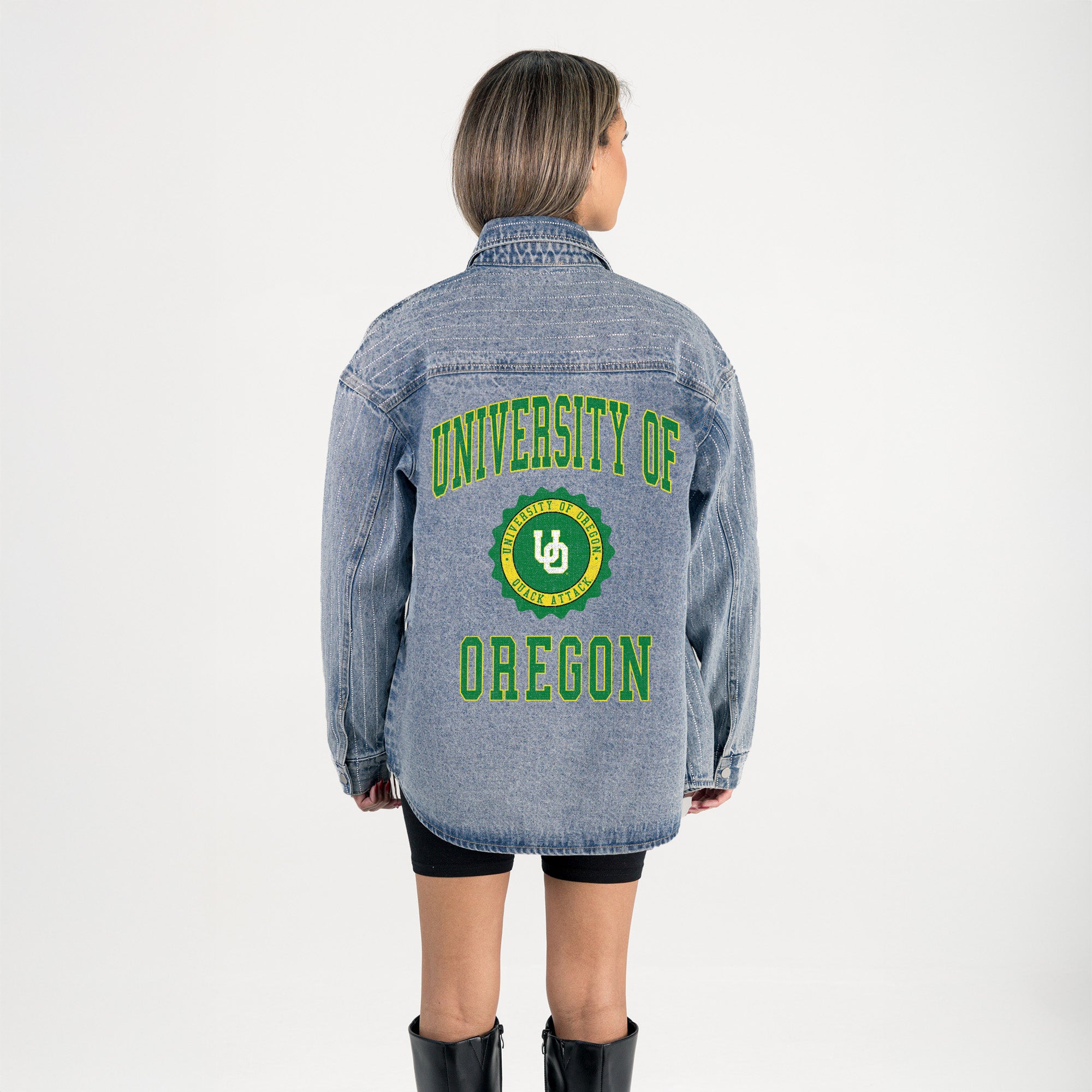 OREGON DUCKS STYLE'S THE LIMIT MICRO-RHINESTONE DENIM OVERSHIRT