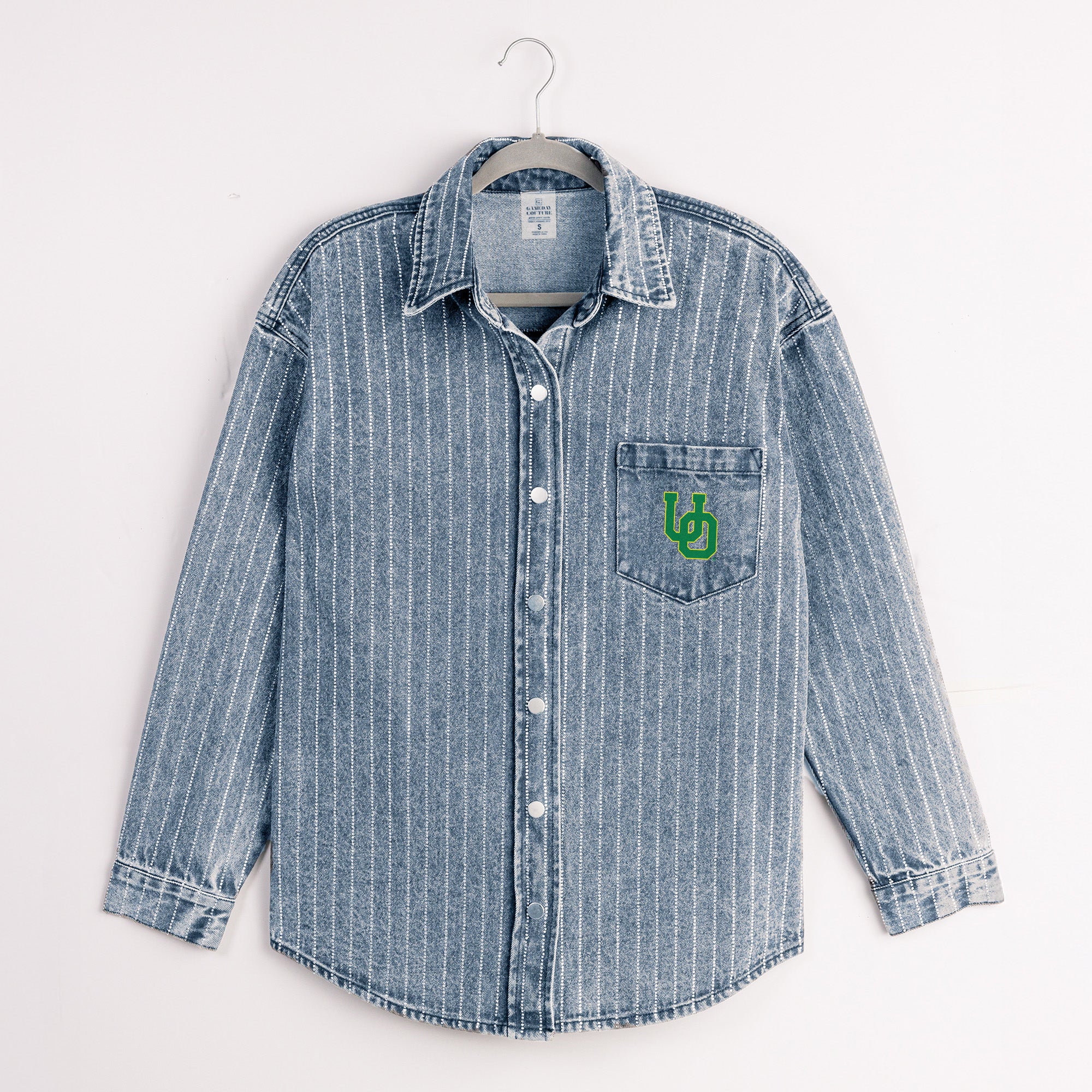 OREGON DUCKS STYLE'S THE LIMIT MICRO-RHINESTONE DENIM OVERSHIRT