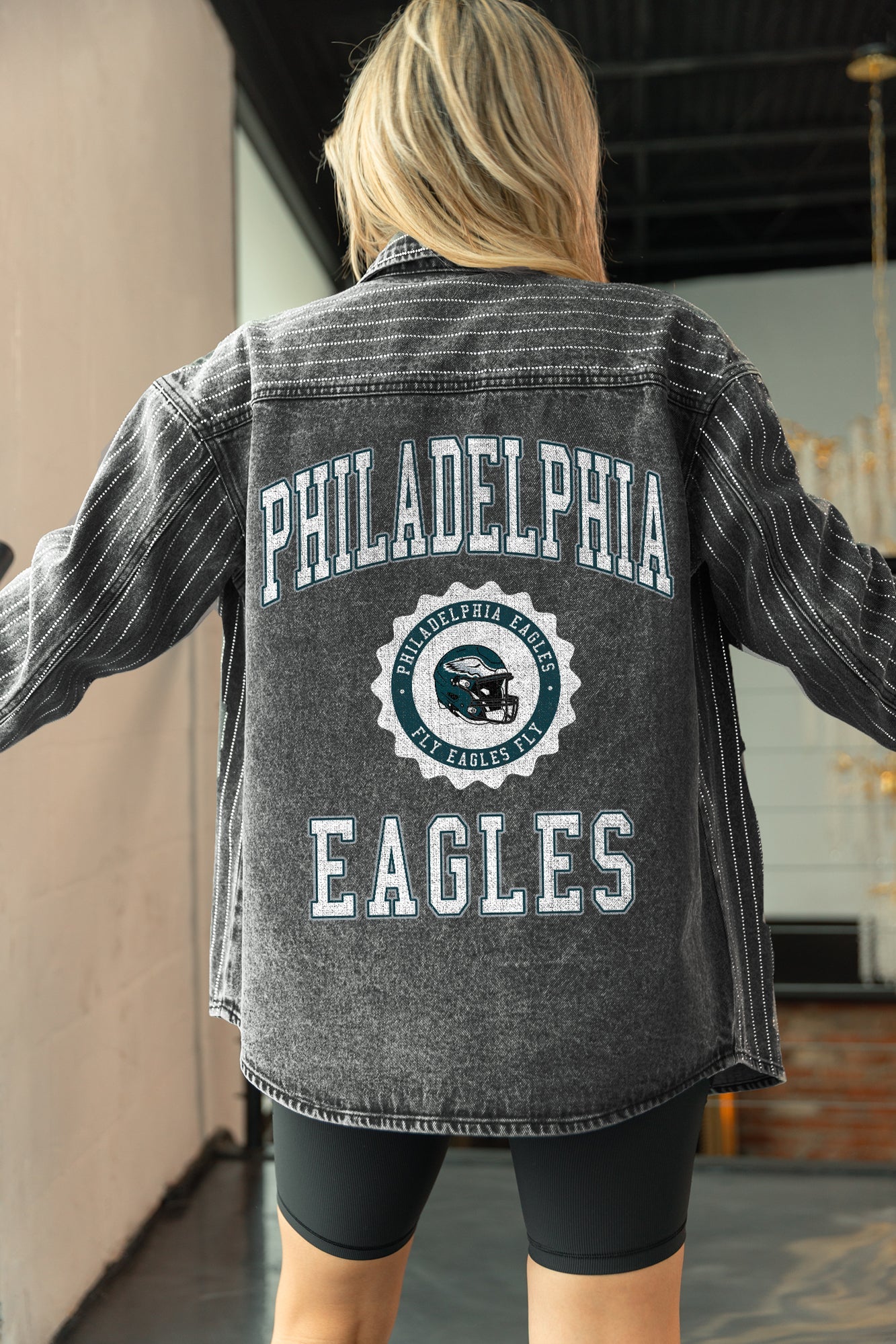 PHILADELPHIA EAGLES STYLES THE LIMIT MICRO-RHINESTONE DENIM OVERSHIRT IN BLACK