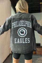 PHILADELPHIA EAGLES STYLES THE LIMIT MICRO-RHINESTONE DENIM OVERSHIRT IN BLACK