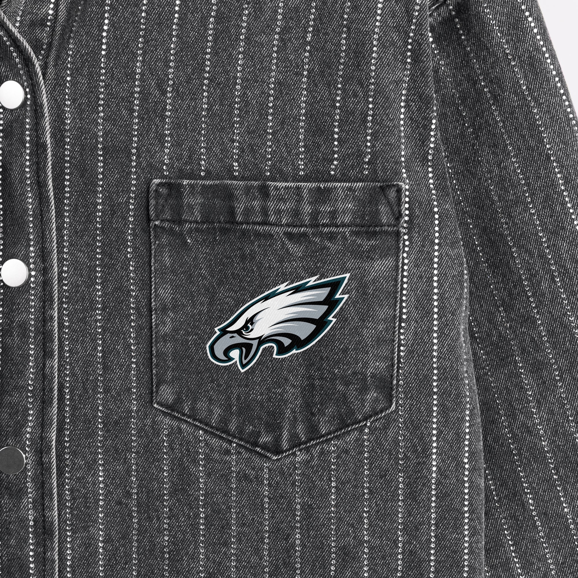 PHILADELPHIA EAGLES STYLES THE LIMIT MICRO-RHINESTONE DENIM OVERSHIRT IN BLACK