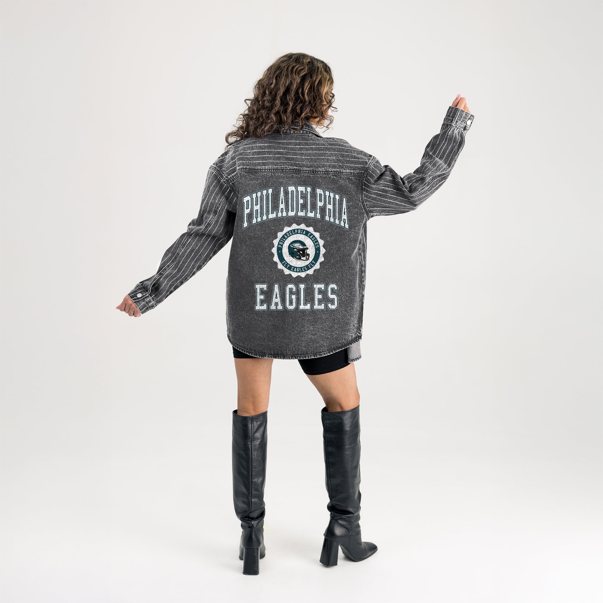 PHILADELPHIA EAGLES STYLES THE LIMIT MICRO-RHINESTONE DENIM OVERSHIRT IN BLACK