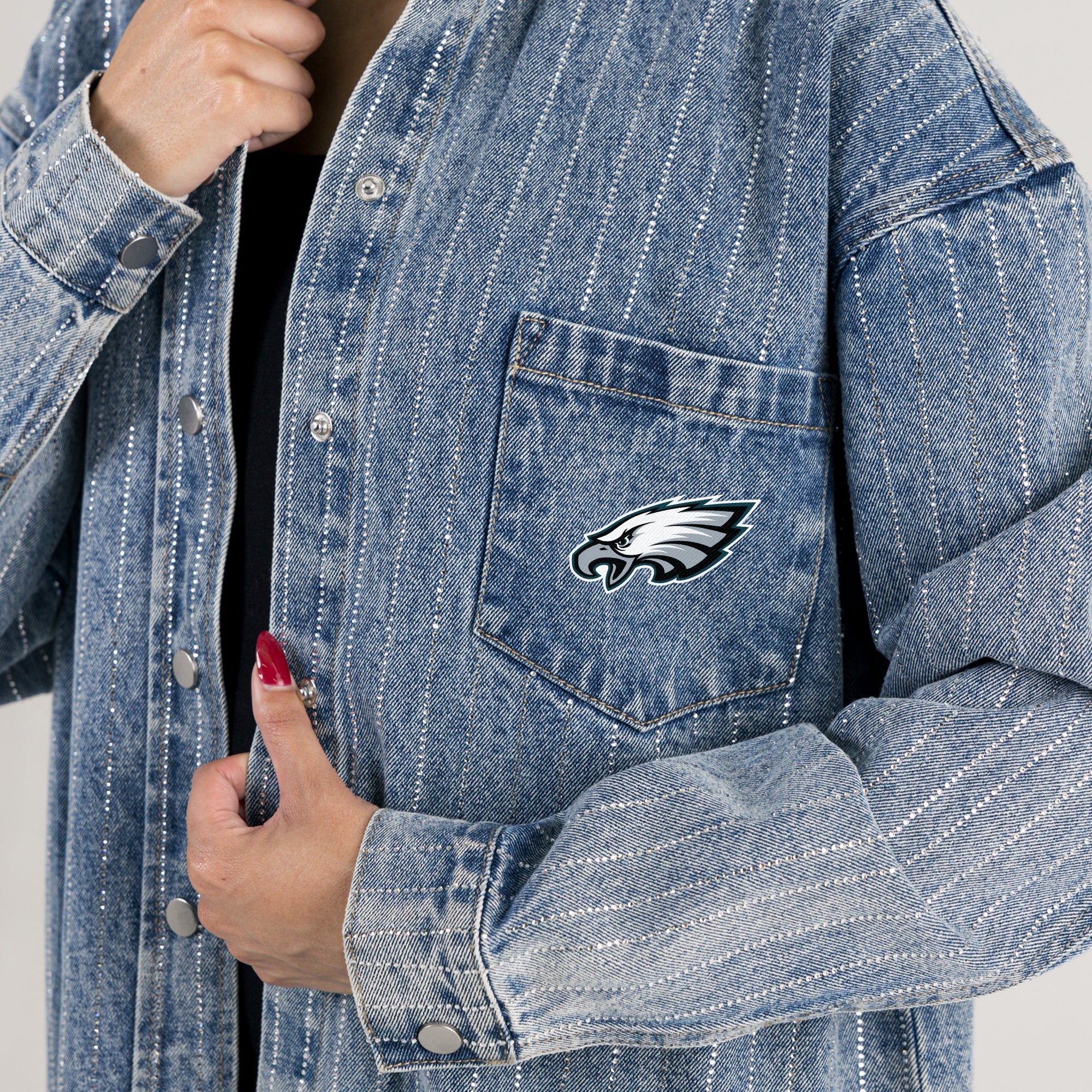 PHILADELPHIA EAGLES STYLES THE LIMIT MICRO-RHINESTONE DENIM OVERSHIRT