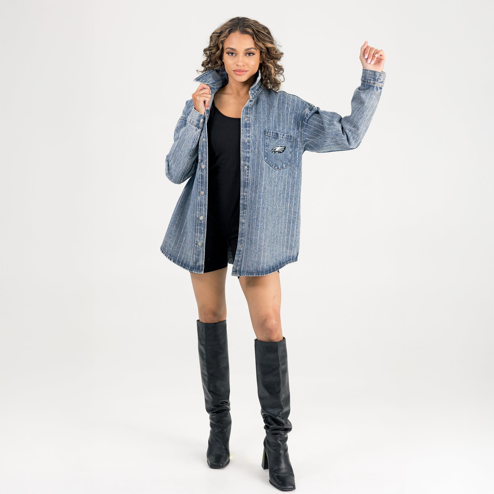 PHILADELPHIA EAGLES STYLES THE LIMIT MICRO-RHINESTONE DENIM OVERSHIRT