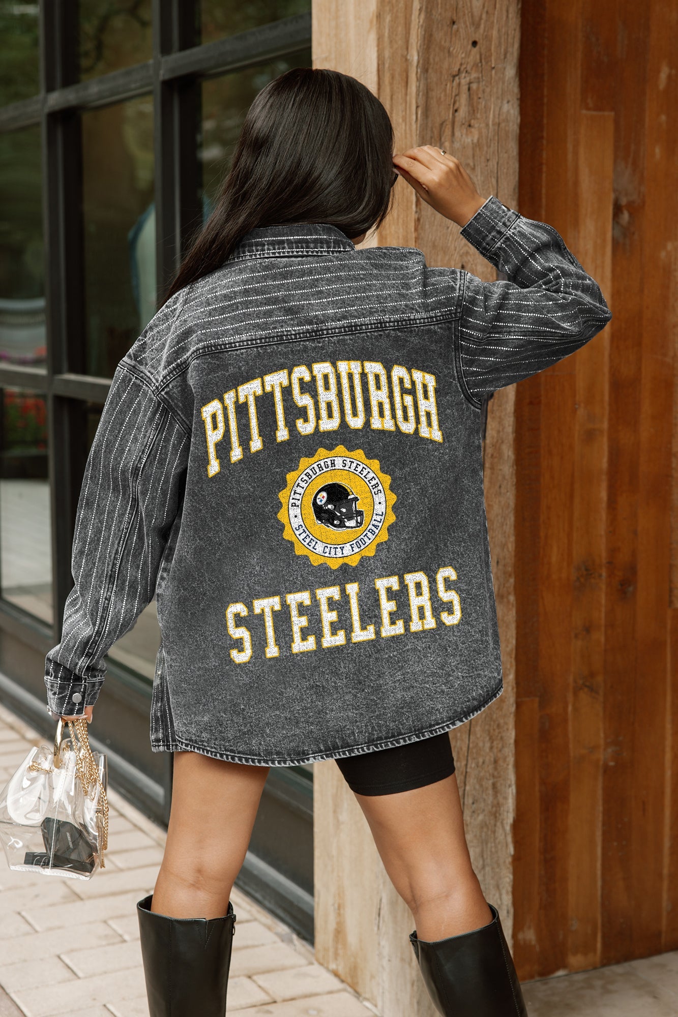 PITTSBURGH STEELERS STYLES THE LIMIT MICRO-RHINESTONE DENIM OVERSHIRT IN BLACK