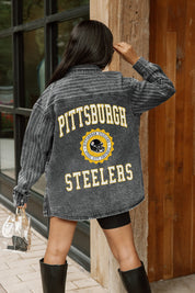 PITTSBURGH STEELERS STYLES THE LIMIT MICRO-RHINESTONE DENIM OVERSHIRT IN BLACK