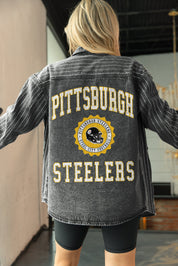 PITTSBURGH STEELERS STYLES THE LIMIT MICRO-RHINESTONE DENIM OVERSHIRT IN BLACK