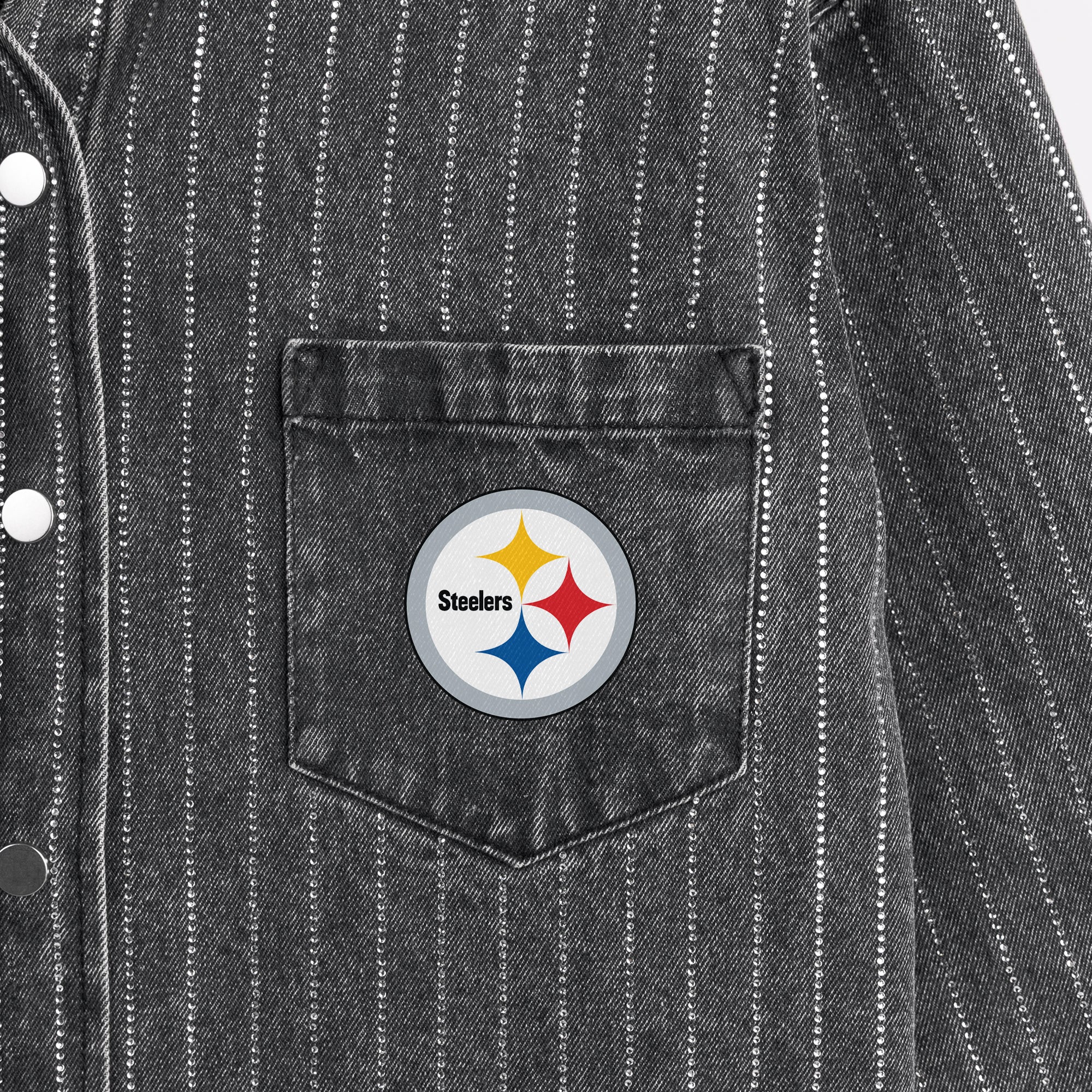 PITTSBURGH STEELERS STYLES THE LIMIT MICRO-RHINESTONE DENIM OVERSHIRT IN BLACK