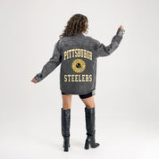 PITTSBURGH STEELERS STYLES THE LIMIT MICRO-RHINESTONE DENIM OVERSHIRT IN BLACK