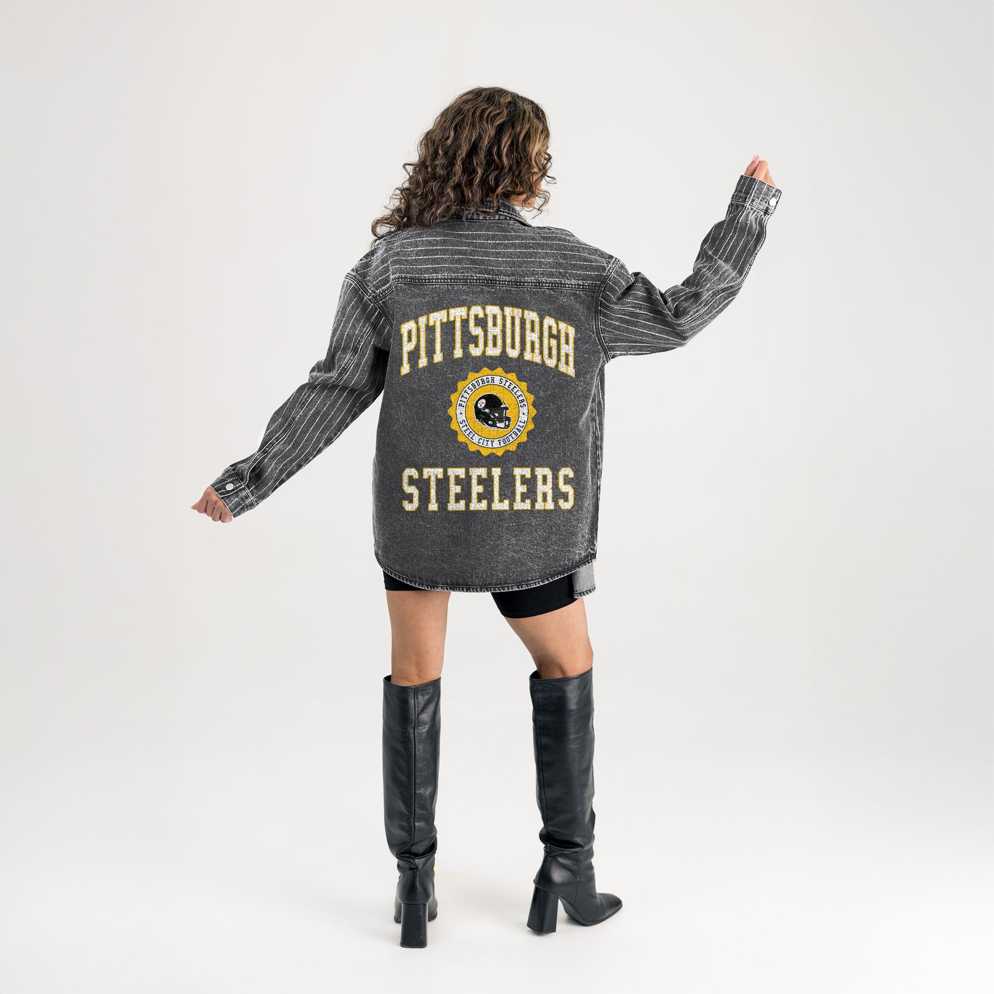 PITTSBURGH STEELERS STYLES THE LIMIT MICRO-RHINESTONE DENIM OVERSHIRT IN BLACK