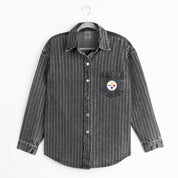 PITTSBURGH STEELERS STYLES THE LIMIT MICRO-RHINESTONE DENIM OVERSHIRT IN BLACK