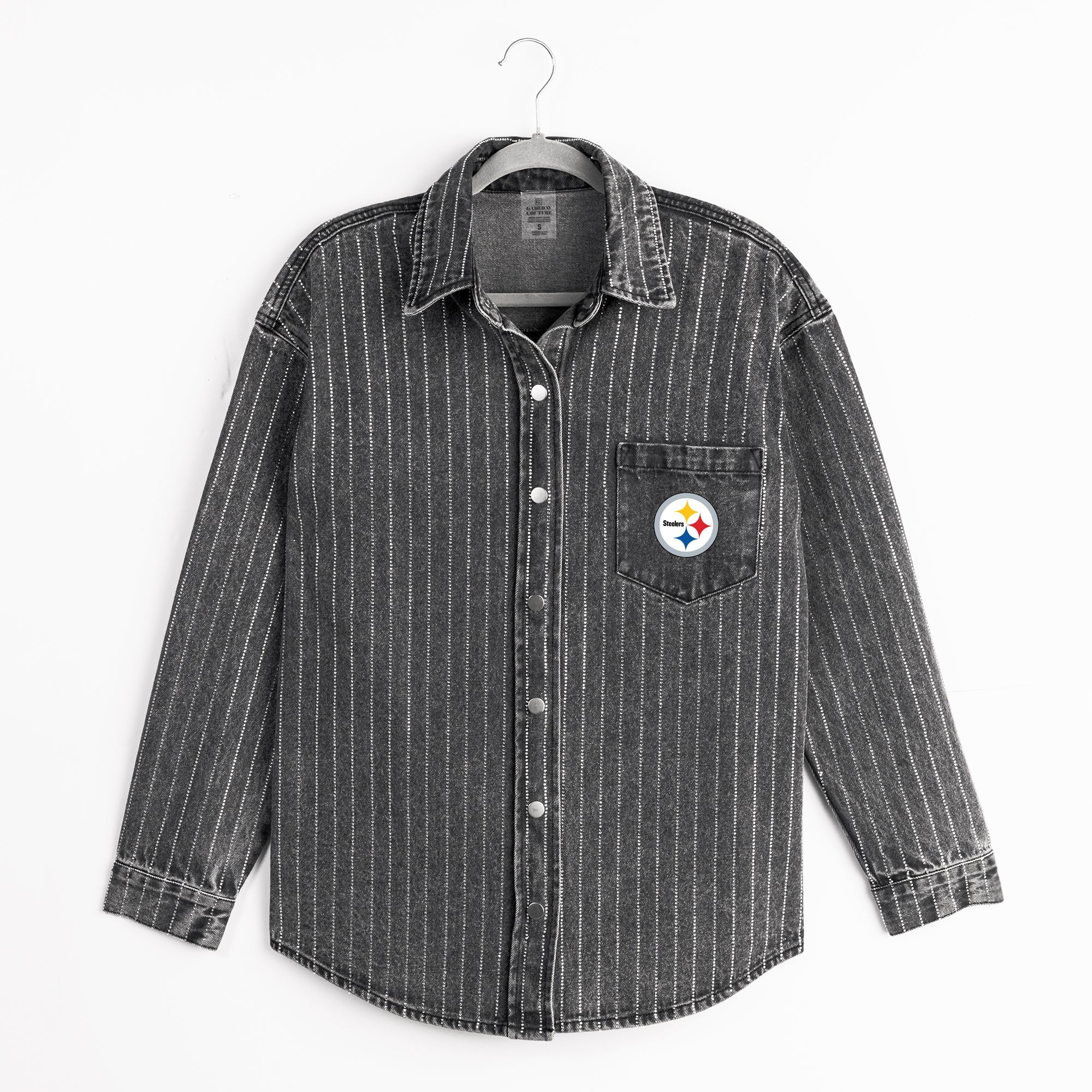 PITTSBURGH STEELERS STYLES THE LIMIT MICRO-RHINESTONE DENIM OVERSHIRT IN BLACK