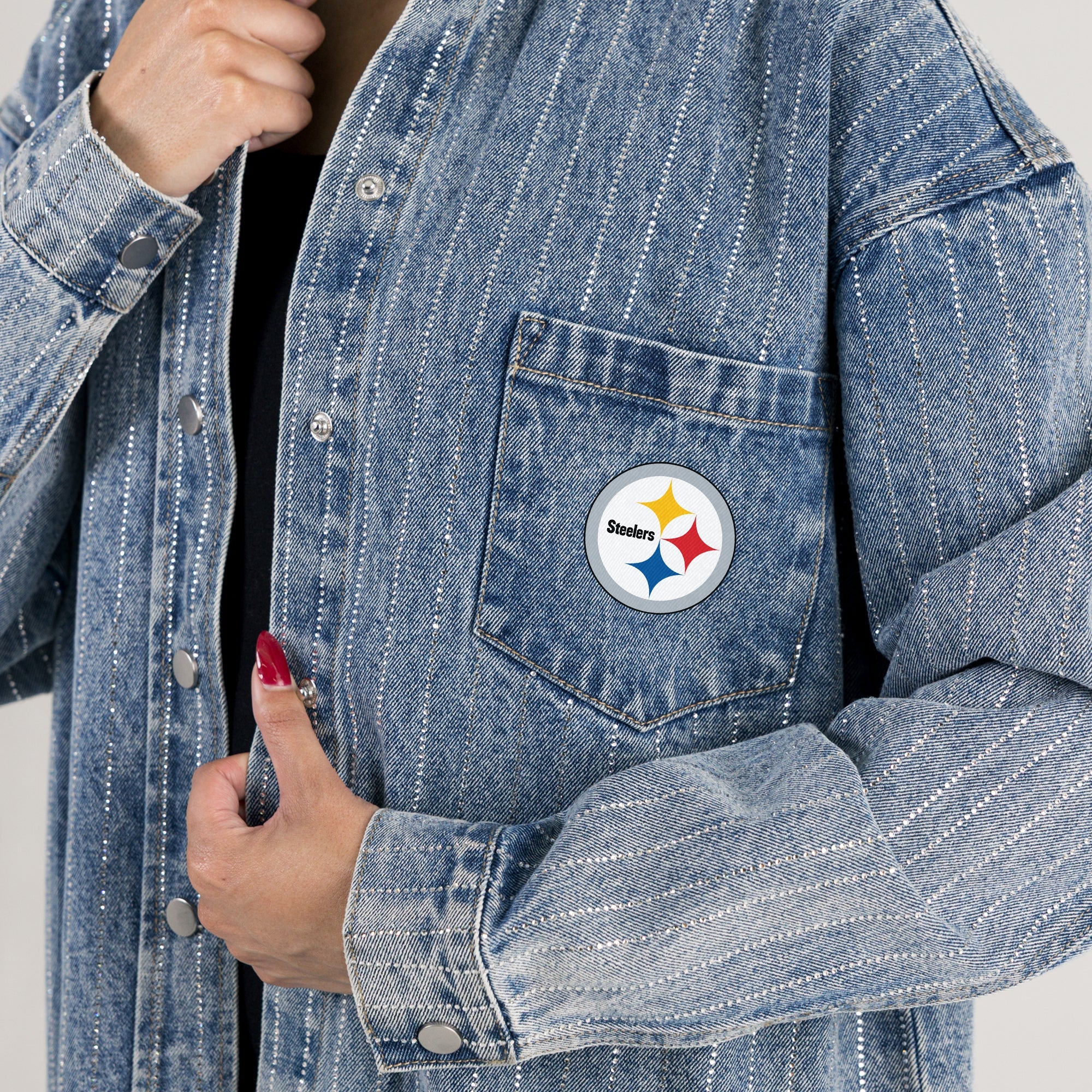 PITTSBURGH STEELERS STYLES THE LIMIT MICRO-RHINESTONE DENIM OVERSHIRT