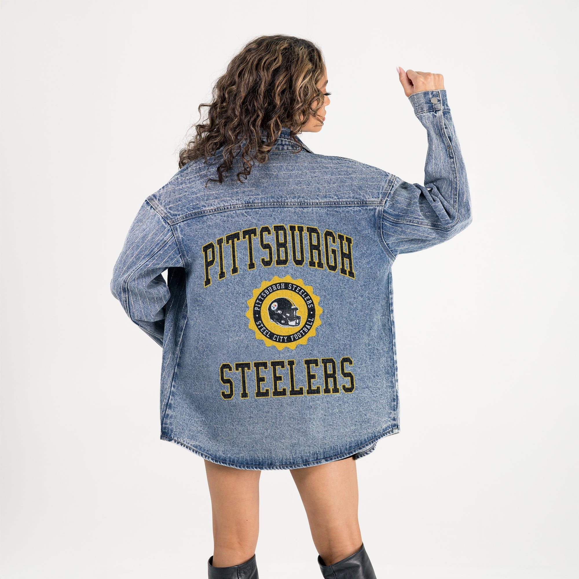 PITTSBURGH STEELERS STYLES THE LIMIT MICRO-RHINESTONE DENIM OVERSHIRT