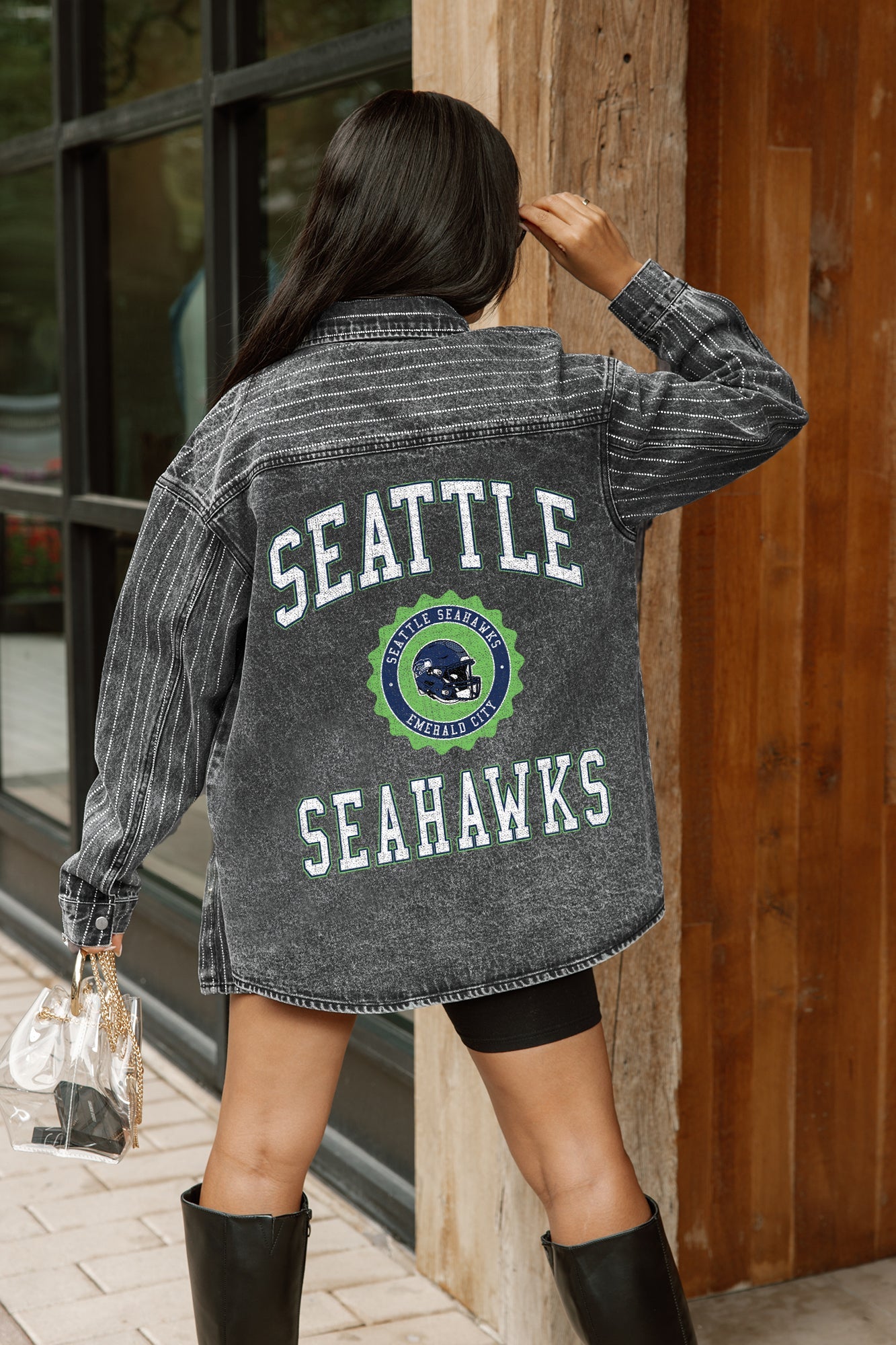 SEATTLE SEAHAWKS STYLES THE LIMIT MICRO-RHINESTONE DENIM OVERSHIRT IN BLACK