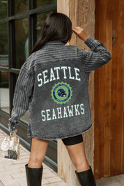 SEATTLE SEAHAWKS STYLES THE LIMIT MICRO-RHINESTONE DENIM OVERSHIRT IN BLACK