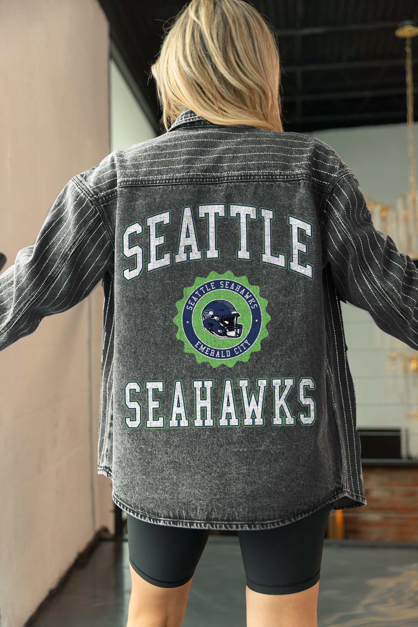 SEATTLE SEAHAWKS STYLES THE LIMIT MICRO-RHINESTONE DENIM OVERSHIRT IN BLACK