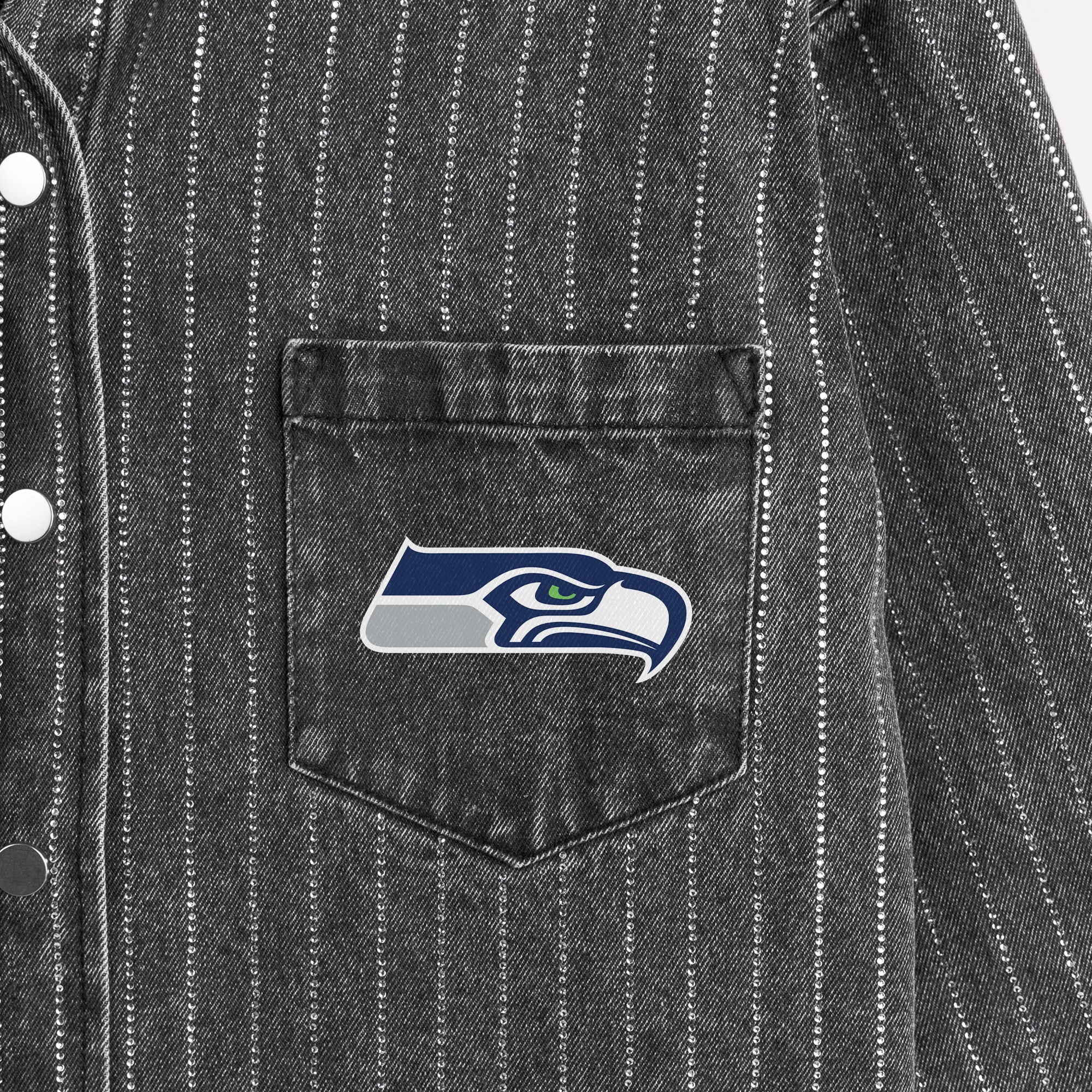 SEATTLE SEAHAWKS STYLES THE LIMIT MICRO-RHINESTONE DENIM OVERSHIRT IN BLACK