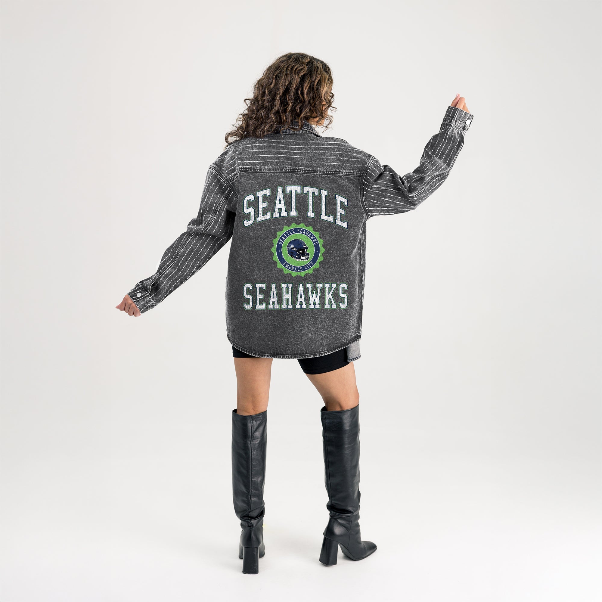 SEATTLE SEAHAWKS STYLES THE LIMIT MICRO-RHINESTONE DENIM OVERSHIRT IN BLACK